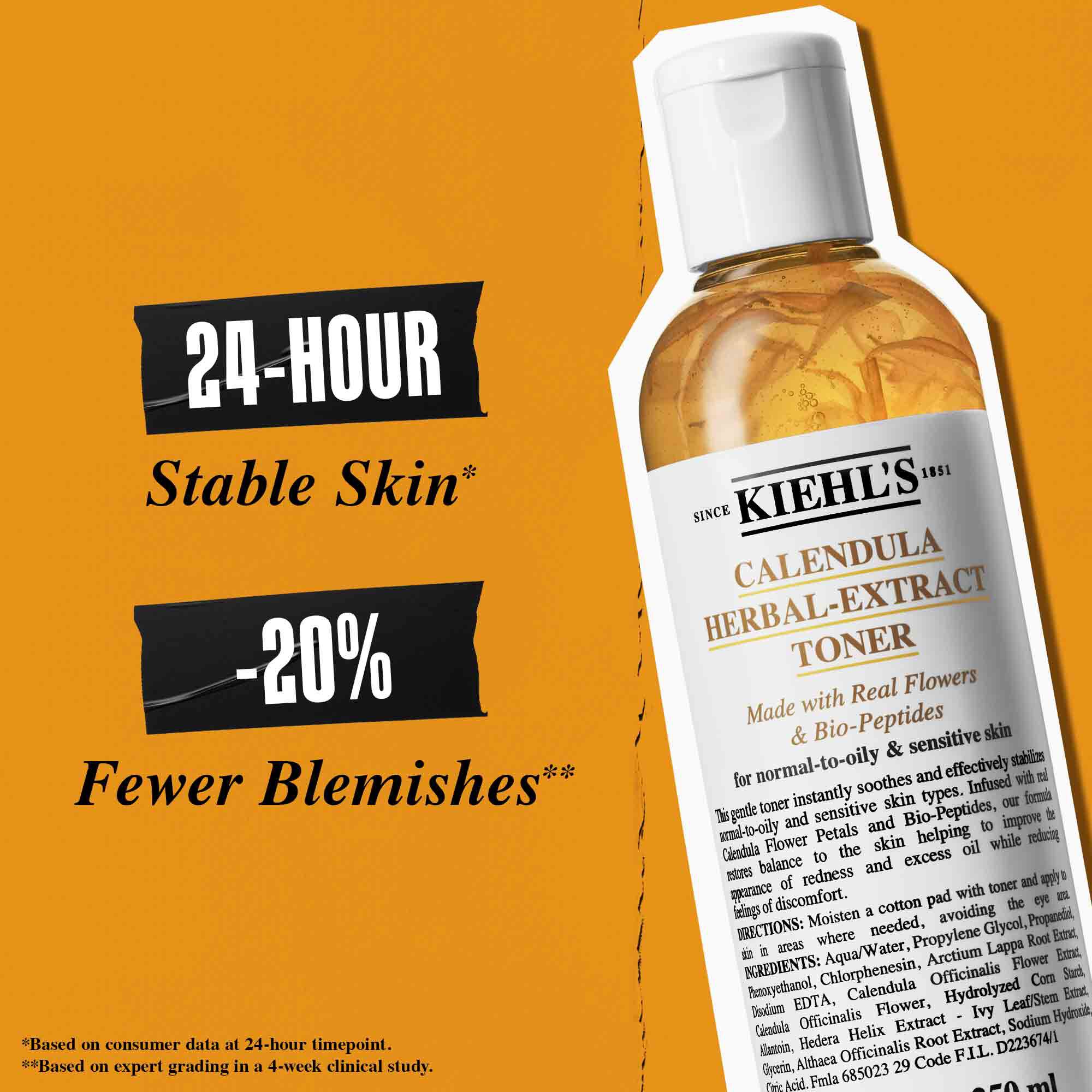 O sticlă de toner Calendula Herbal-Extract pe un fundal portocaliu cu textul: „După 3 zile: Vezi primele imbunătățiri in roșeață, exces de sebum și luciu, și aspectul porilor.”