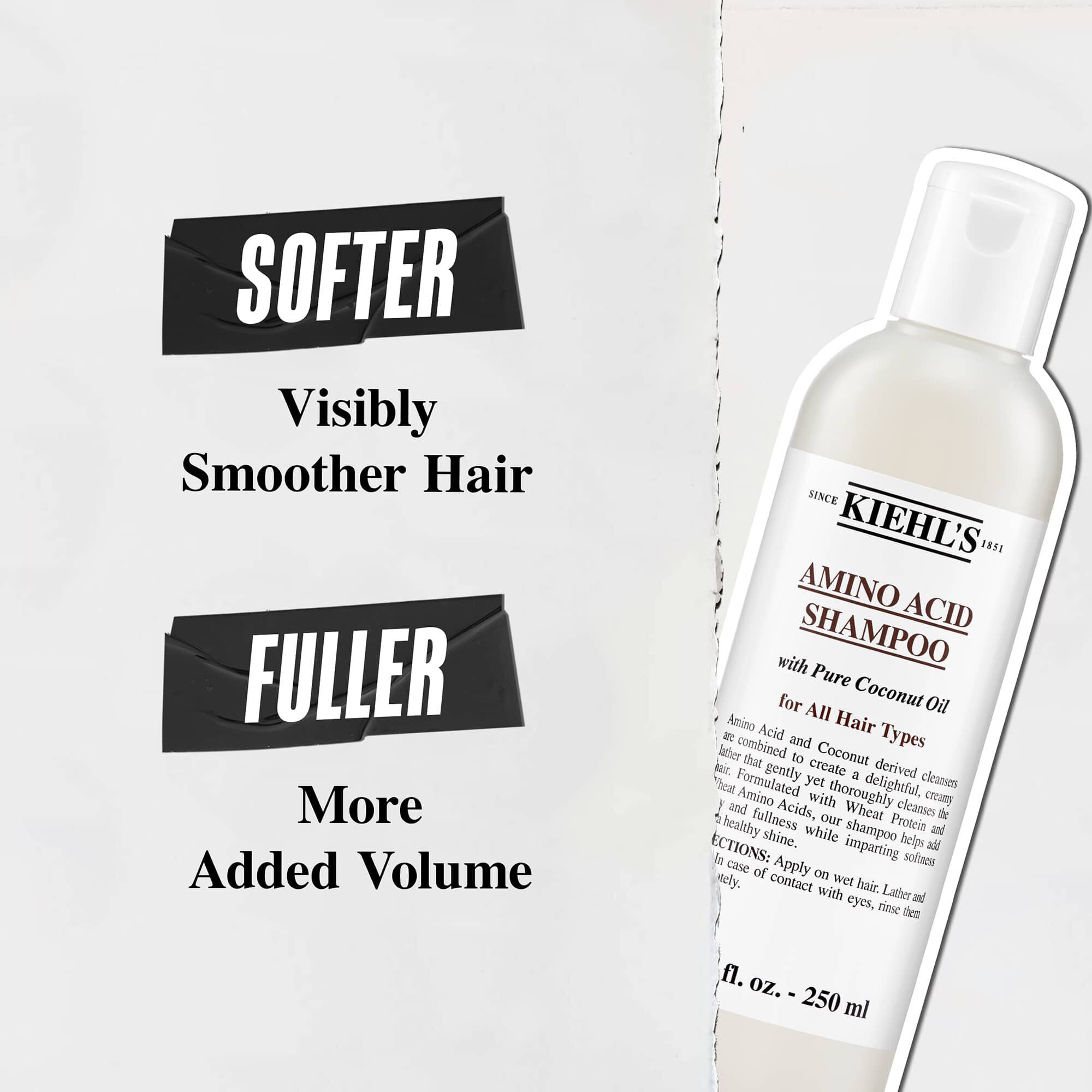 Sticlă de șampon Kiehl's Amino Acid cu beneficii: „Păr mai moale, vizibil mai neted” și „Păr mai plin, cu mai mult volum”