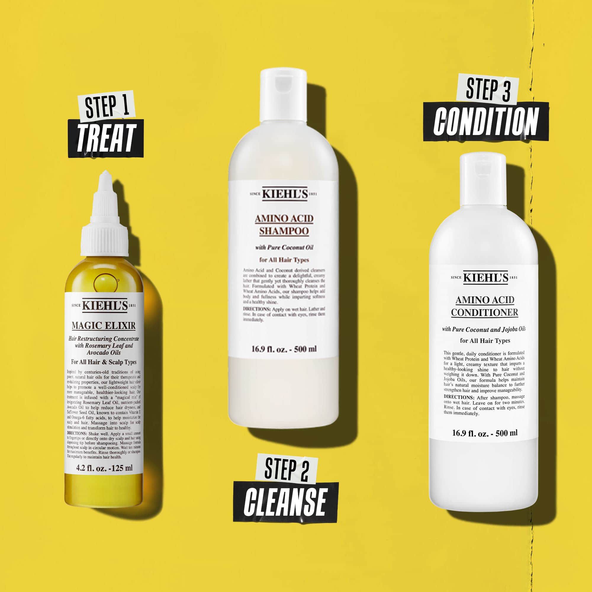 O rutină de păr in trei pași cu produse Kiehl's. Pasul 1: Magic Elixir Hair Oil. Pasul 2: Amino Acid Shampoo. Pasul 3: Amino Acid Conditioner. Textul etichetează fiecare pas ca „Tratare”, „Curățare” și, respectiv, „Balsam”.