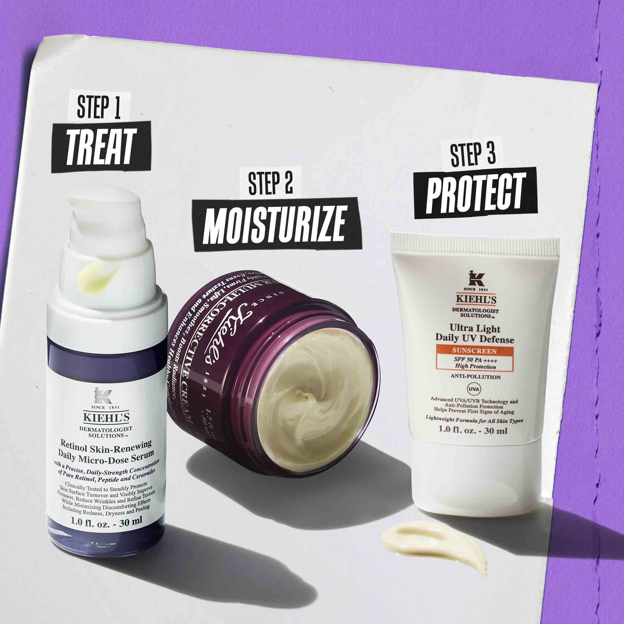 Ilustrație a rutinei Retinol Skin Renewing Daily Microdose – Curățare, Tratare, Tratare ochi, Protecție