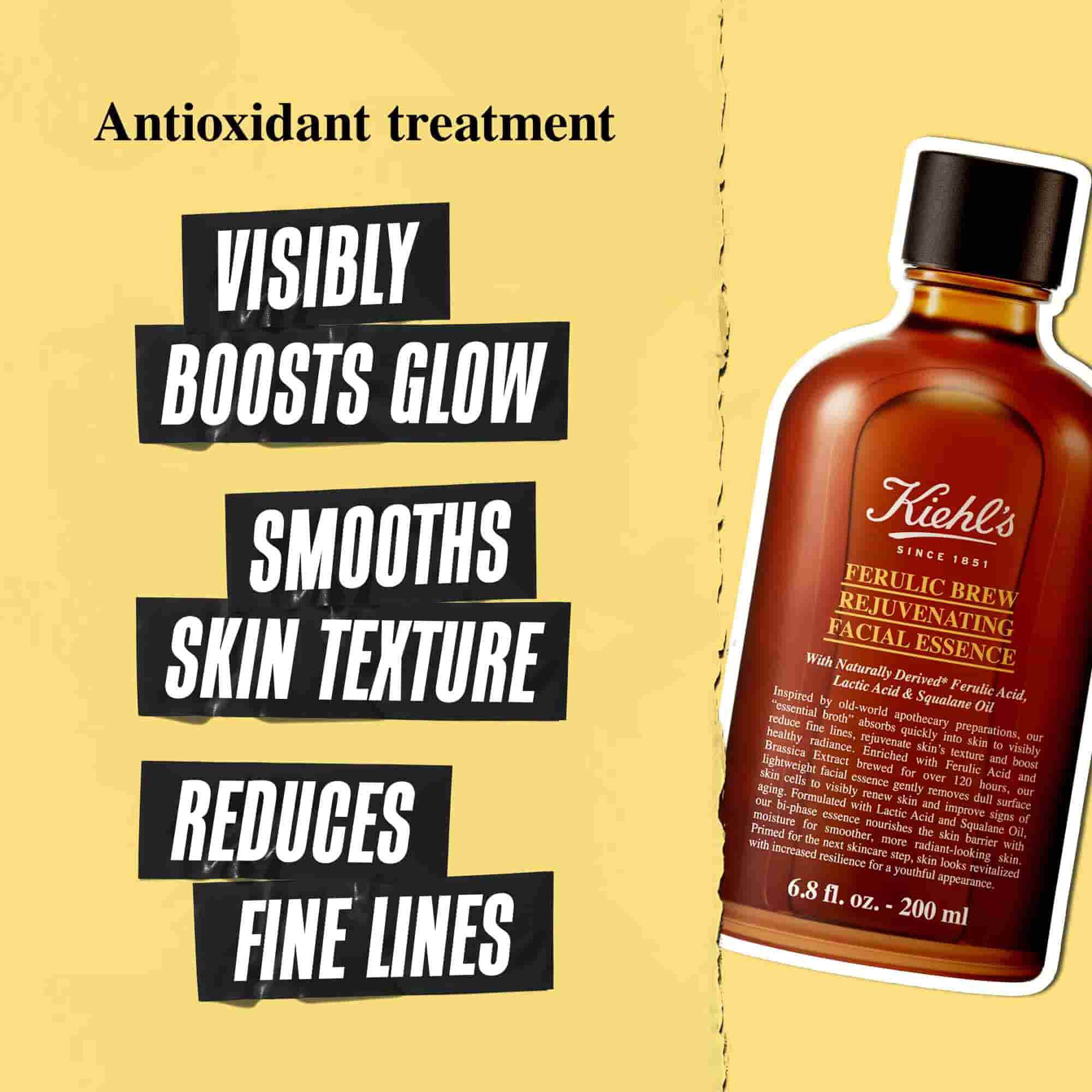 A graphic featuring  a bottle of Kiehl's Ferulic Brew Facial Essence . On the left, the text "Antioxidant treatment" is at the top, followed by three text boxes: "VISIBLY BOOSTS GLOW," "SMOOTHS SKIN TEXTURE," and "REDUCES FINE LINES." 