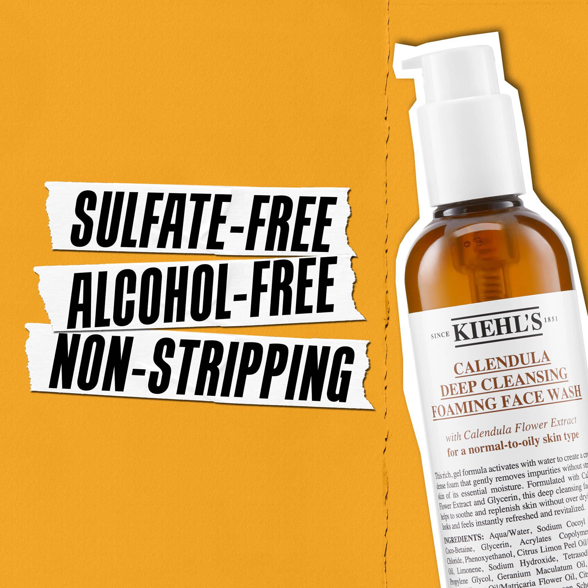 Gelul de curățare Kiehl's Calendula Deep Cleaning Foaming Face Wash nu conține sulfați, nu conține alcool și nu usucă pielea