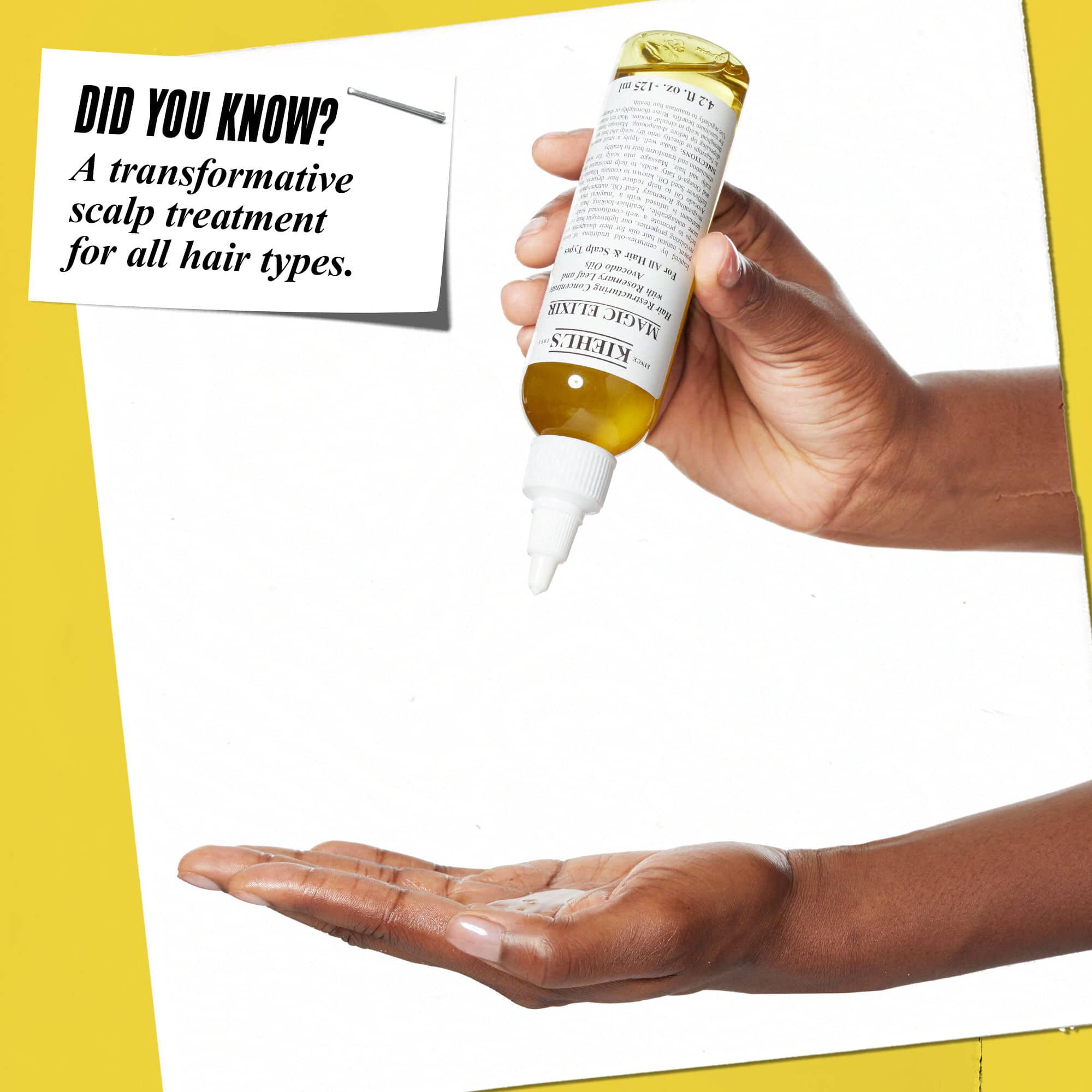 O mană dozand Magic Elixir Hair Oil pe o altă mană. Textul spune: „Știați că? Un tratament transformator pentru scalp pentru toate tipurile de păr.”