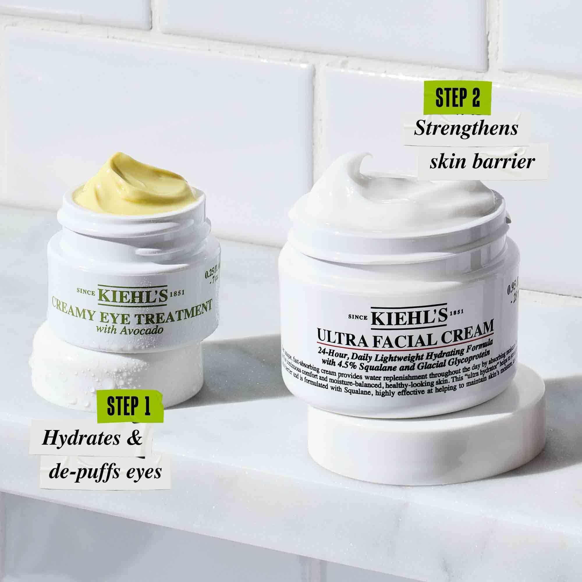 Ultra Facial Cream și Creamy Avocado Eye Treatment, marcate ca Pasul 1 și Pasul 2 intr-o rutină de ingrijire, așezate pe blatul din baie.