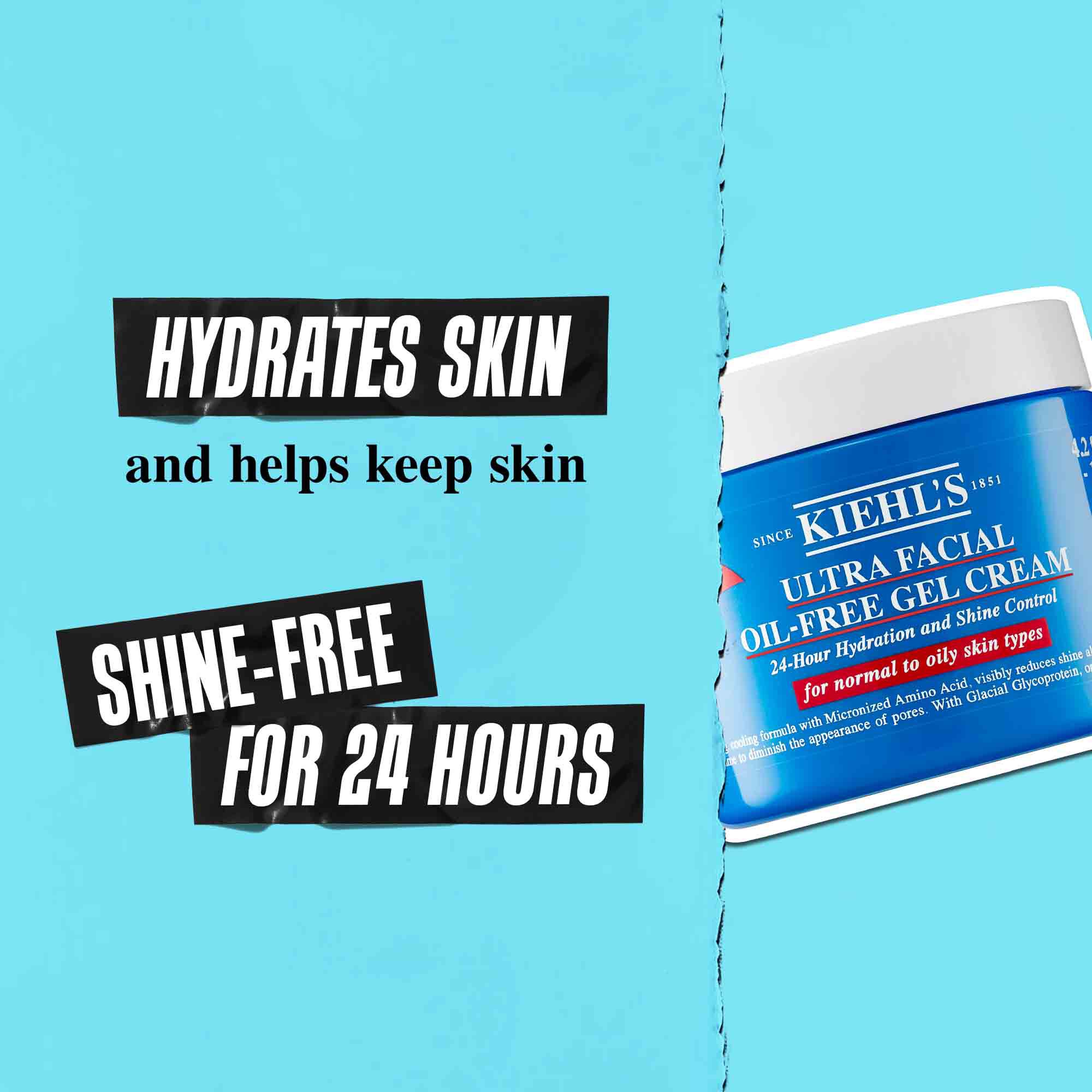 Un borcan de Ultra Facial Oil-Free Gel Cream pe un fundal albastru cu textul: „Hidratează pielea și ajută la menținerea pielii fără luciu timp de 24 de ore.”