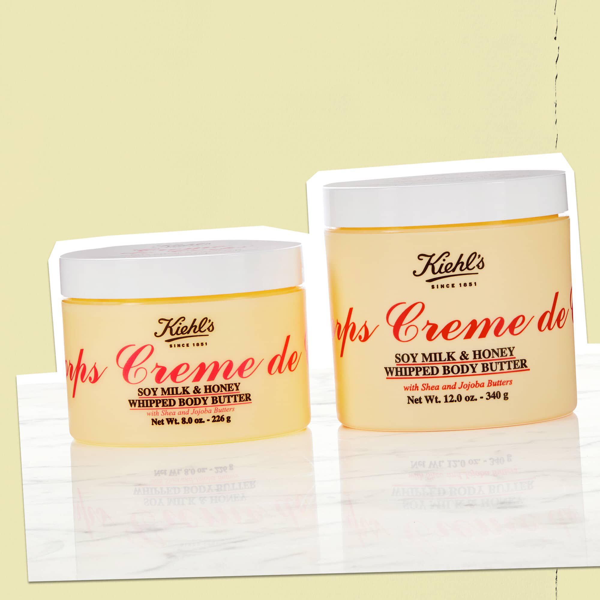Două borcane de unt de corp Creme de Corps Whipped Butter care ilustrează dimensiunile disponibile