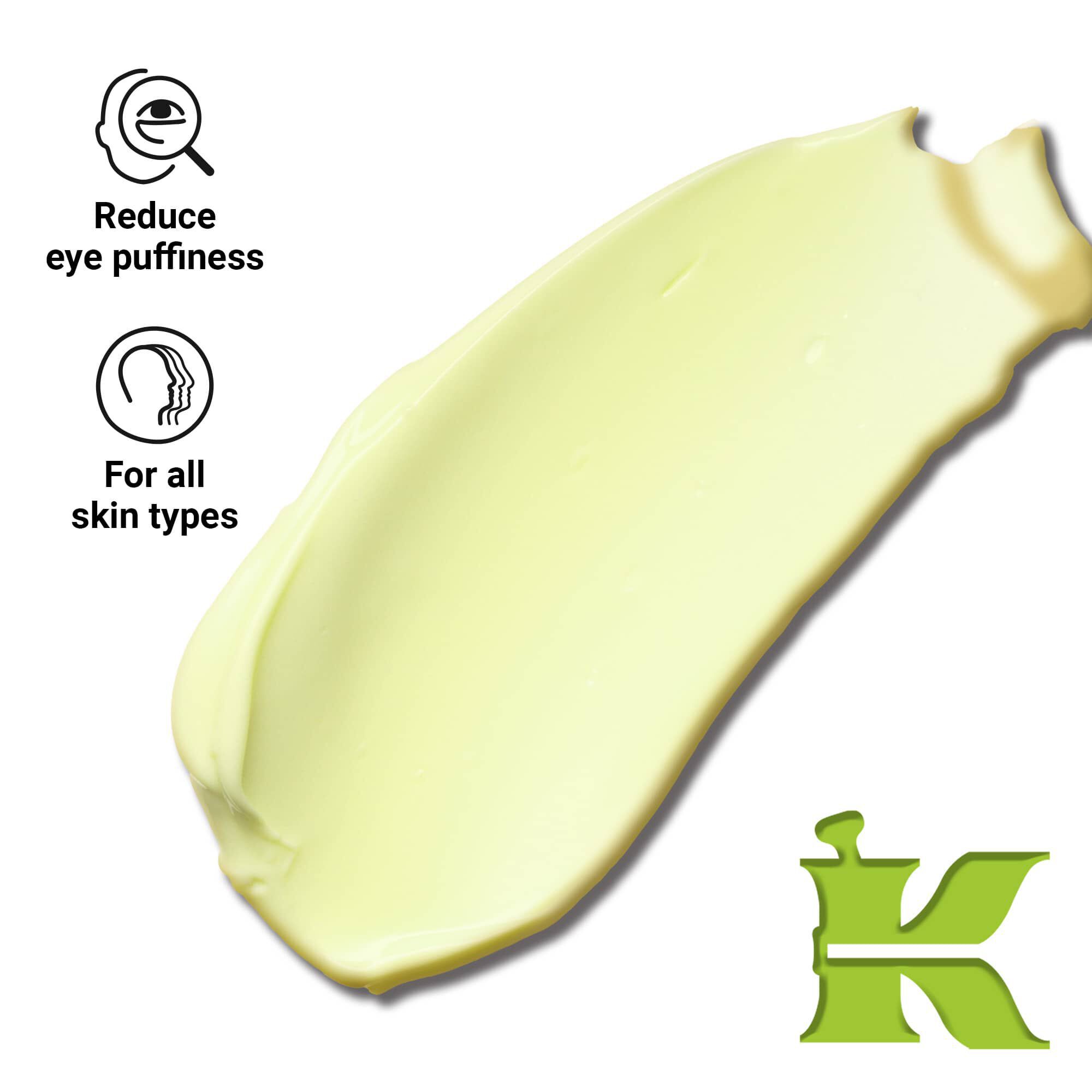 Fotografie cu textura produsului și pictograme - reduce umflăturile ochilor și este potrivit pentru toate tipurile de ten