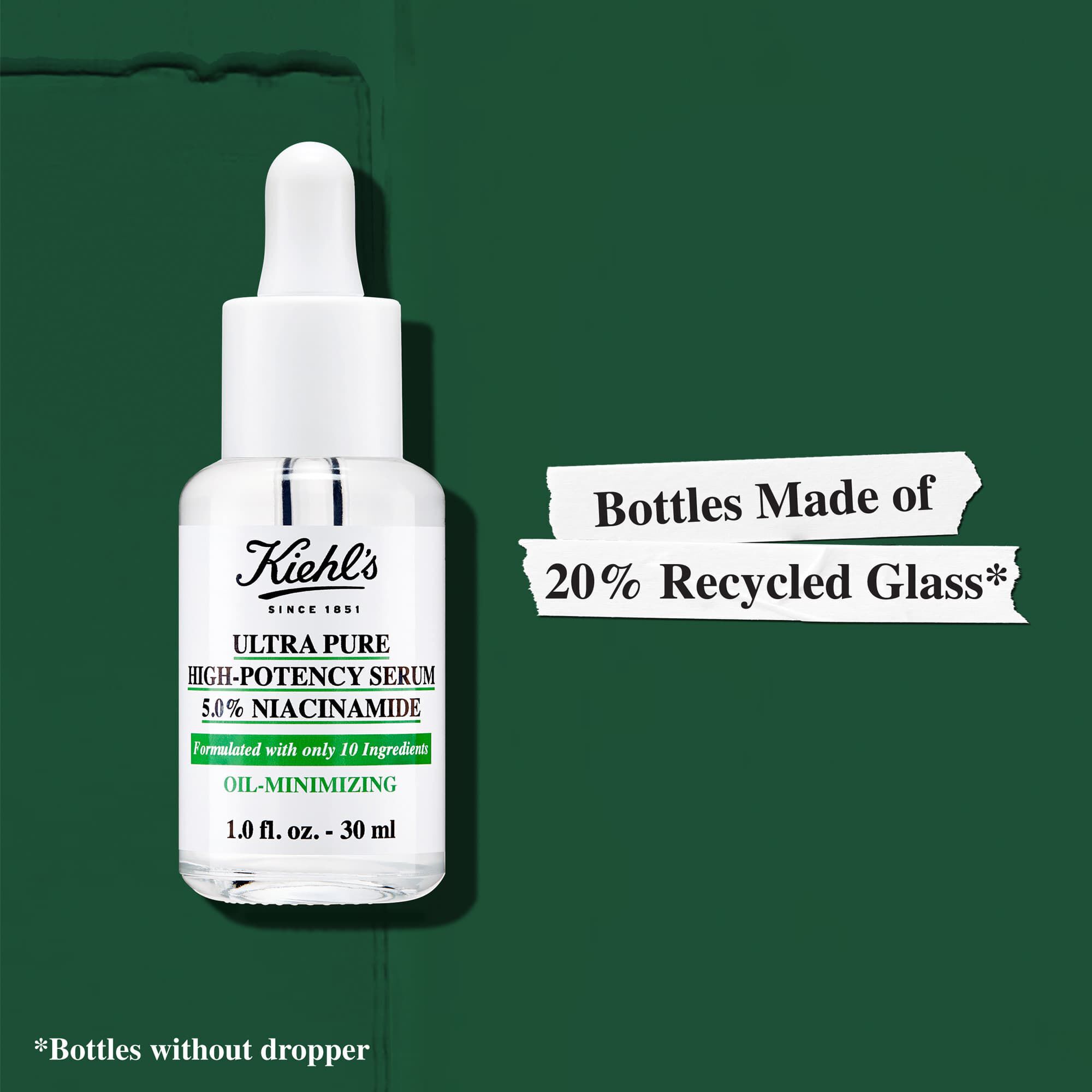 Flacoanele Kiehl's Ultra Pure High-Potency Serum sunt fabricate din sticlă reciclată in proporție de 20%