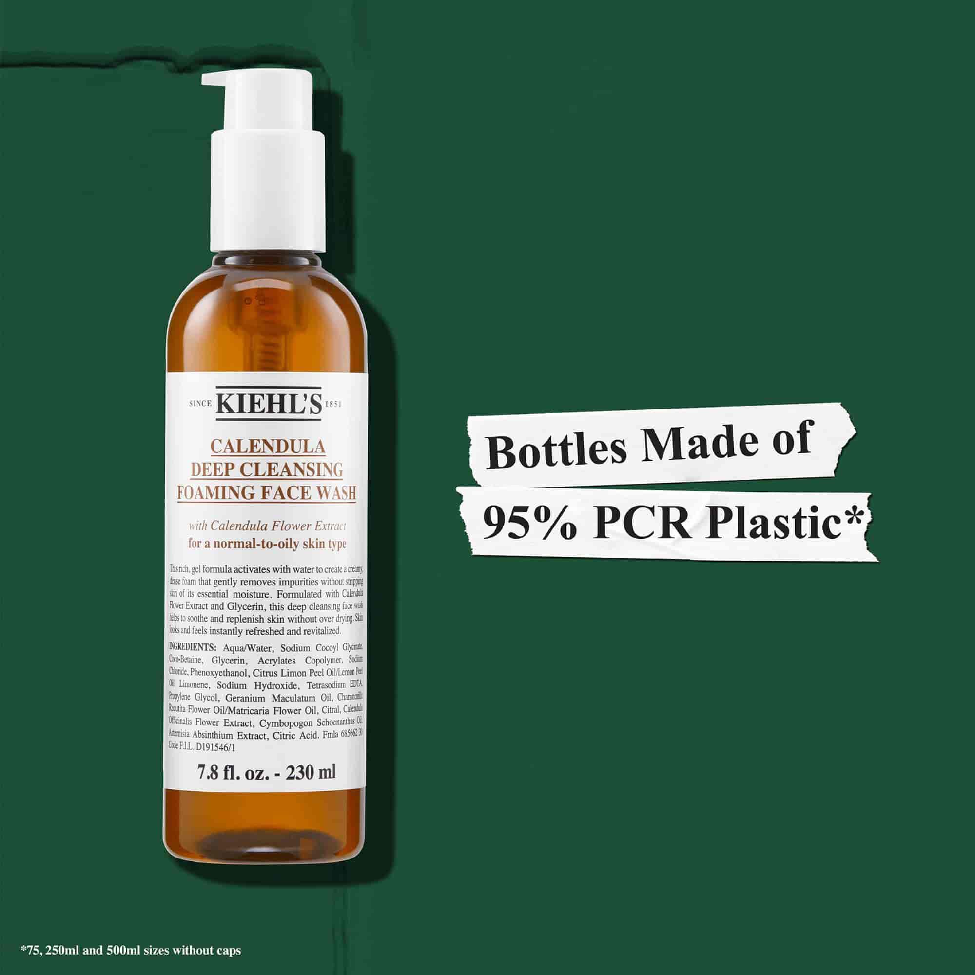 Flacoanele Kiehl's Calendula Foaming Face Wash sunt fabricate din plastic reciclat PCR in proporție de 95%