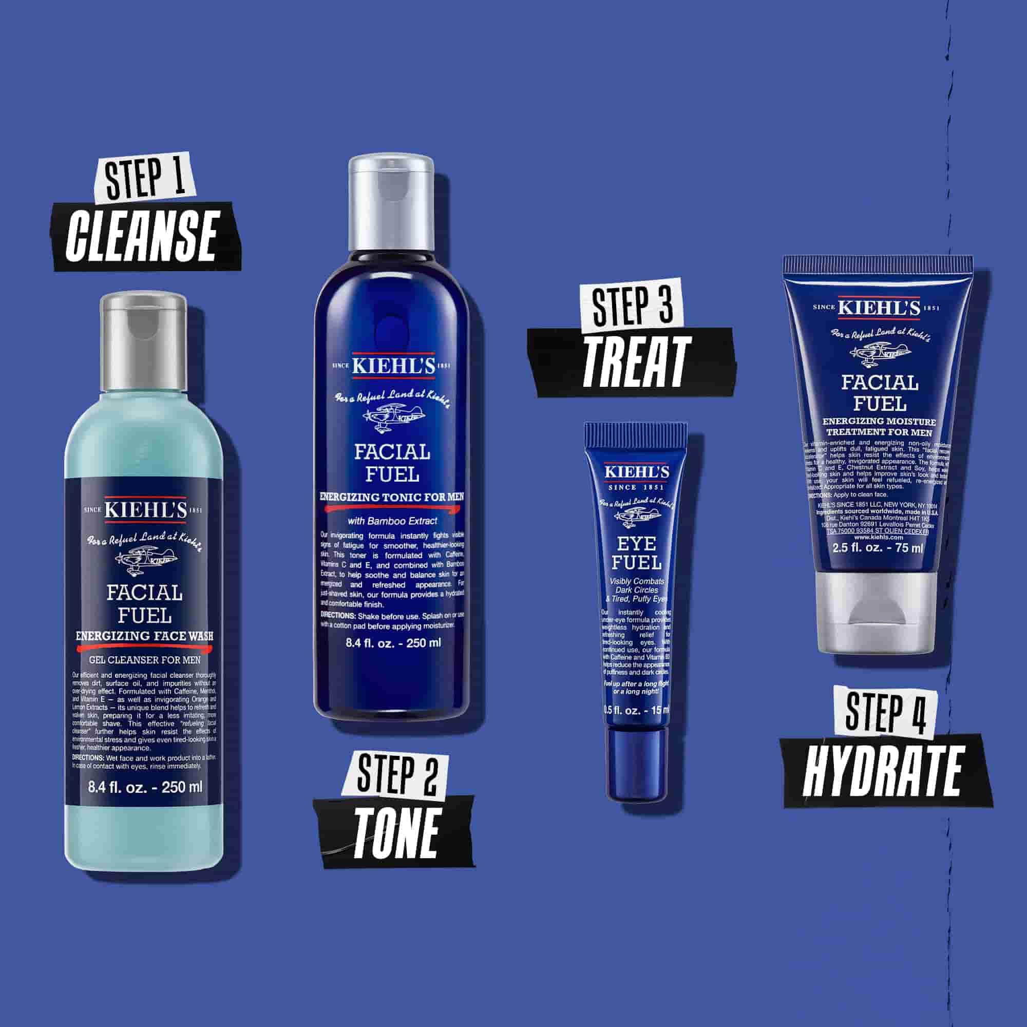 Ilustrație a rutinei cu Facial Fuel - Curățare, Tonifiere, Tratare, Hidratare