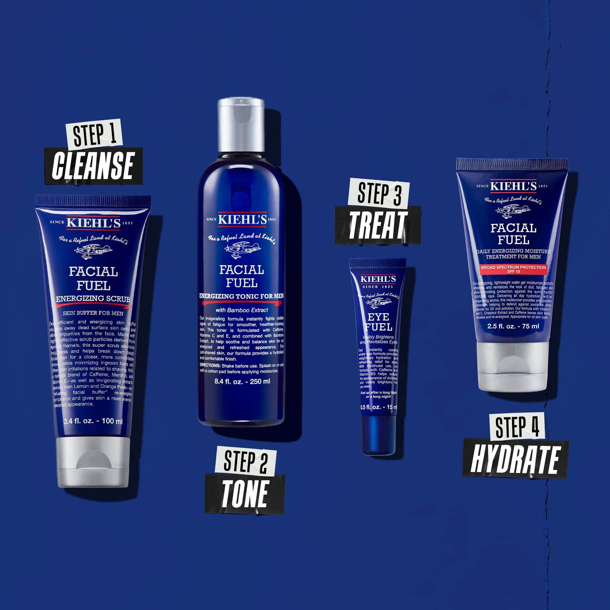 Rutină cu patru produse pentru curățare, tonifiere, tratare și hidratare.