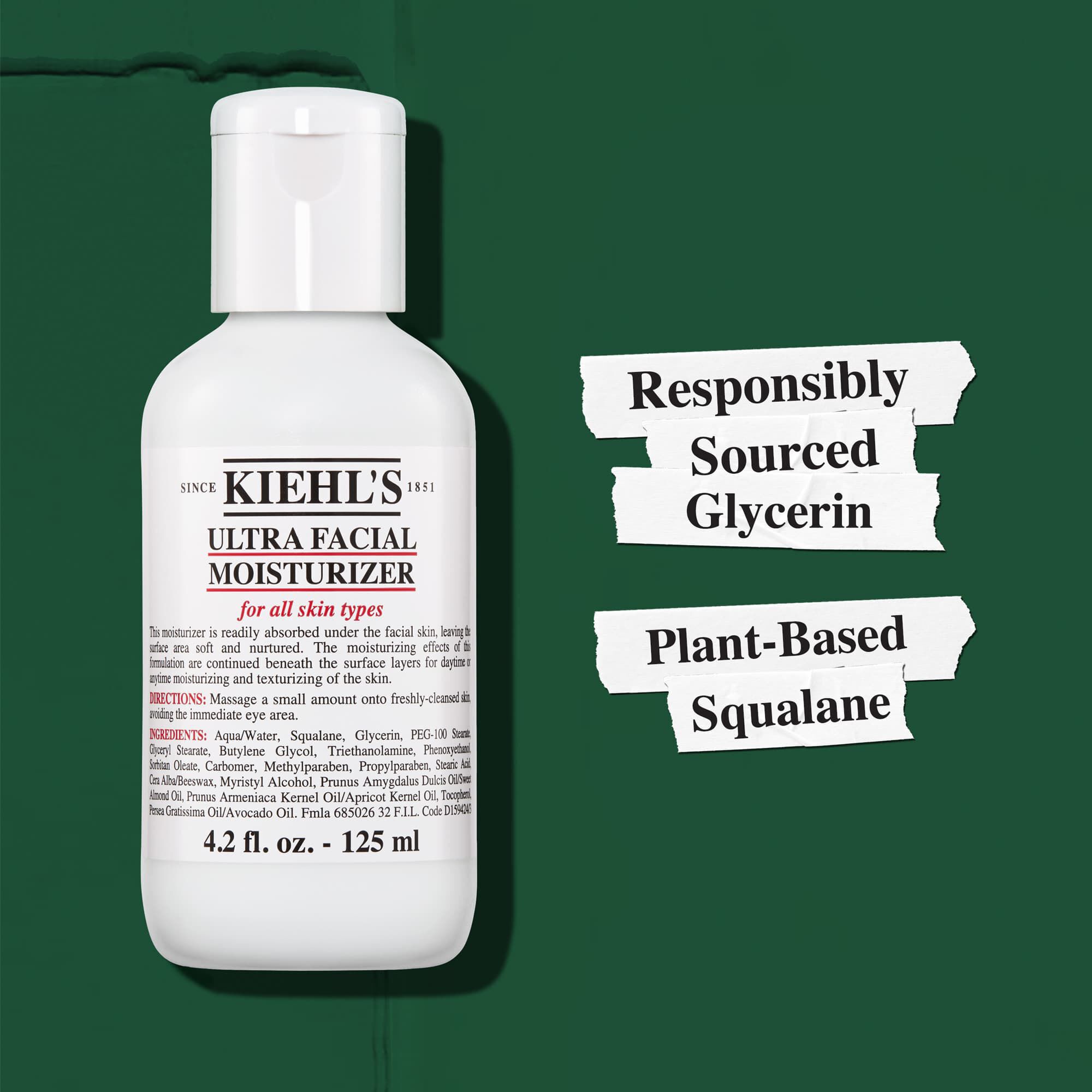 Kiehl's Ultra Facial Moisturizer conține glicerină din surse responsabile și squalane vegetal