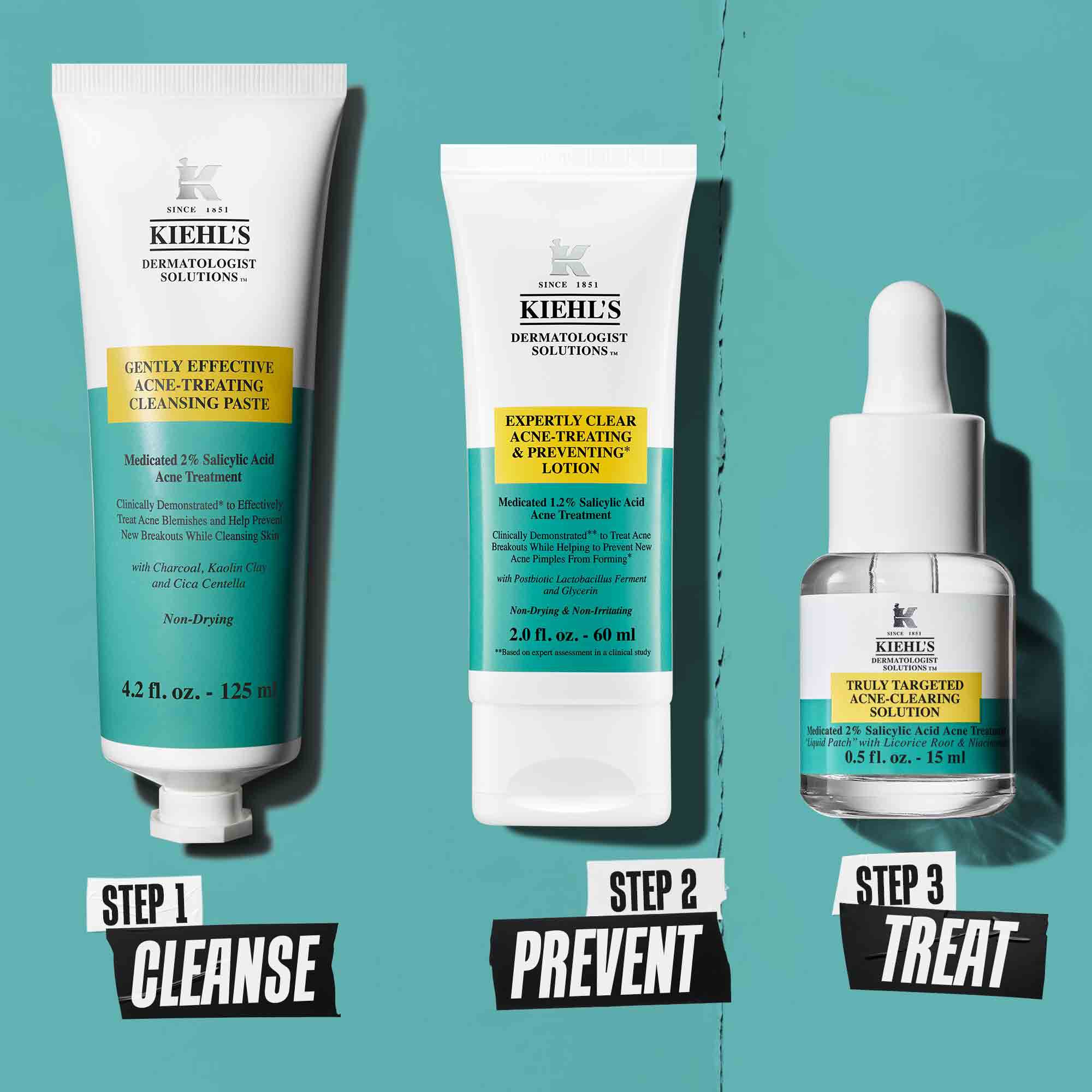 O rutină in trei pași pentru curățarea imperfecțiunilor cu produse Kiehl's. Pasul 1: Pastă de curățare pentru tratarea imperfecțiunilor. Pasul 2: Loțiune pentru tratarea și prevenirea imperfecțiunilor. Pasul 3: Soluție țintită pentru curățarea imperfecțiunilor.