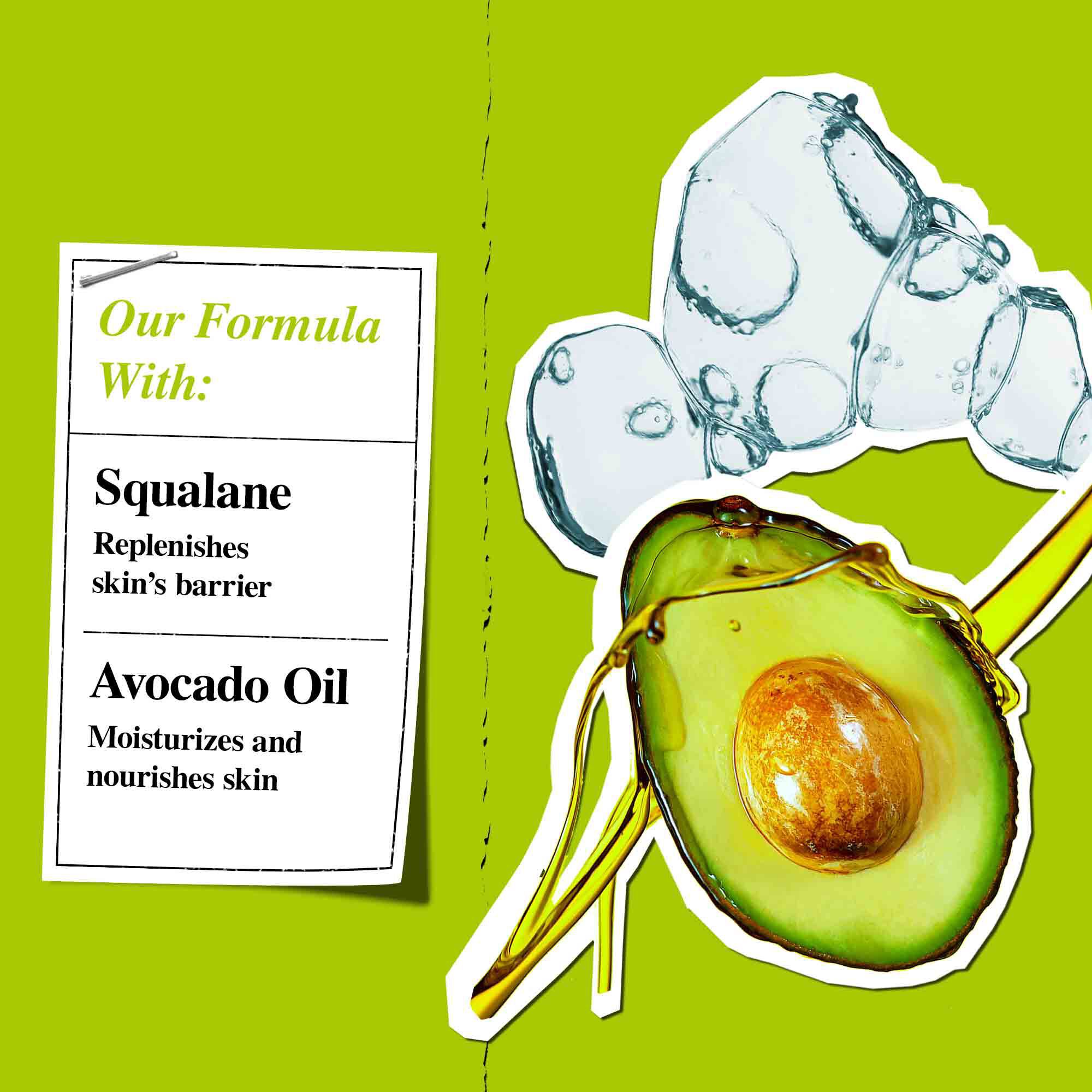 Ilustrație cu squalane și ulei de avocado, alături de beneficiile lor in formula Kiehl’s.