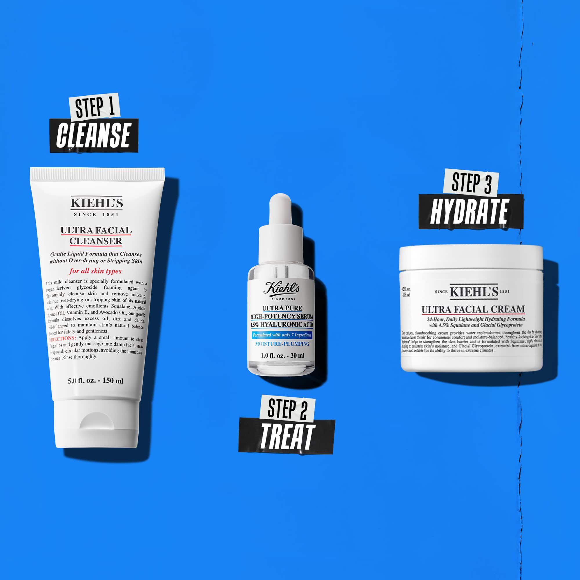 O rutină in trei pași cu produse Kiehl's. Pasul 1: Ultra Facial Cleanser. Pasul 2: Ser cu Acid Hialuronic. Pasul 3: Ultra Facial Cream.