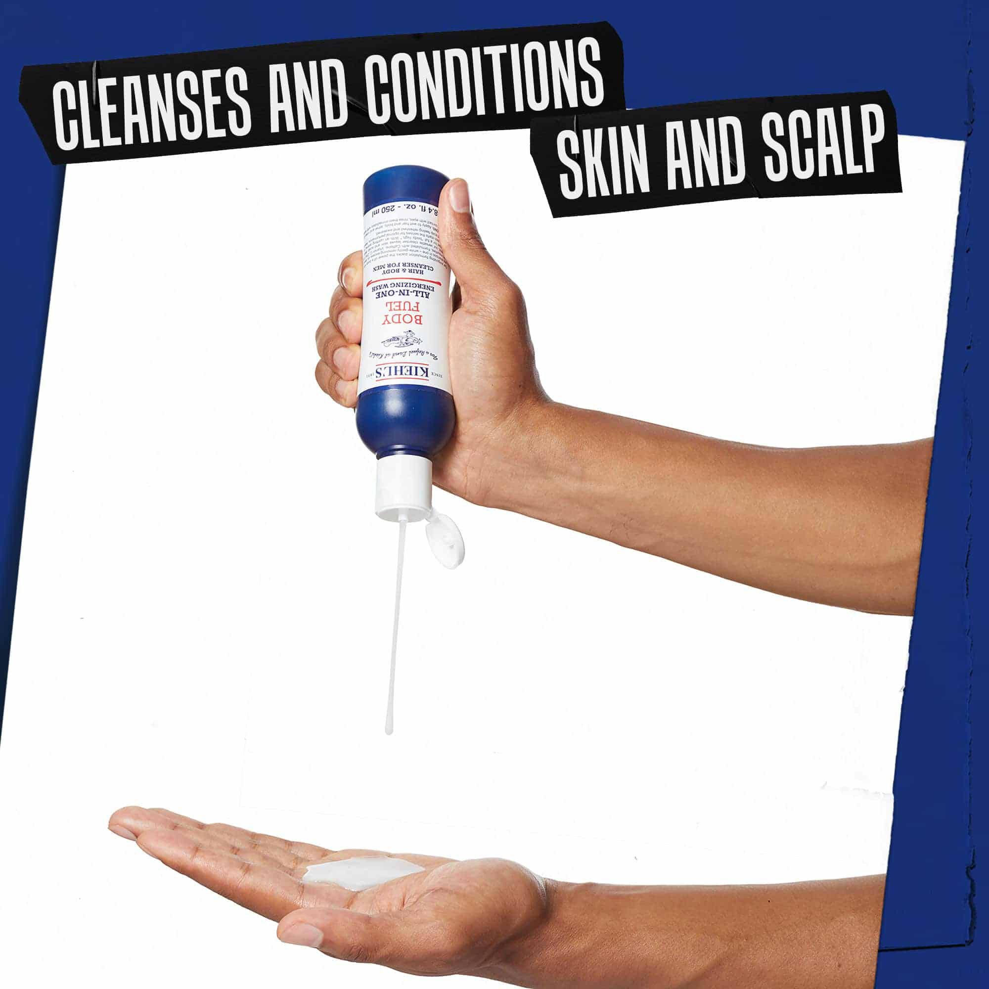 O mană dozand Body Fuel All-In-One Energizing Wash; curăță și ingrijește pielea și scalpul.