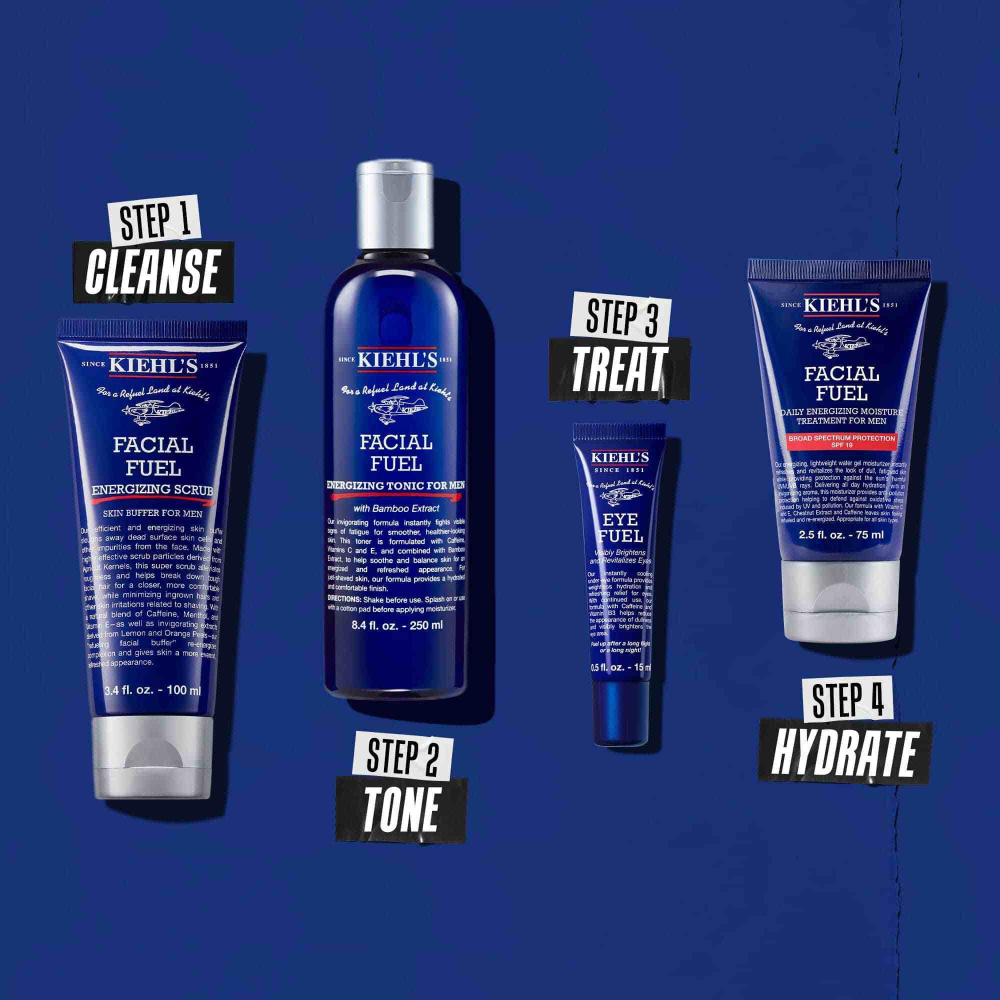 Rutină cu patru produse pentru curățare, tonifiere, tratare și hidratare.