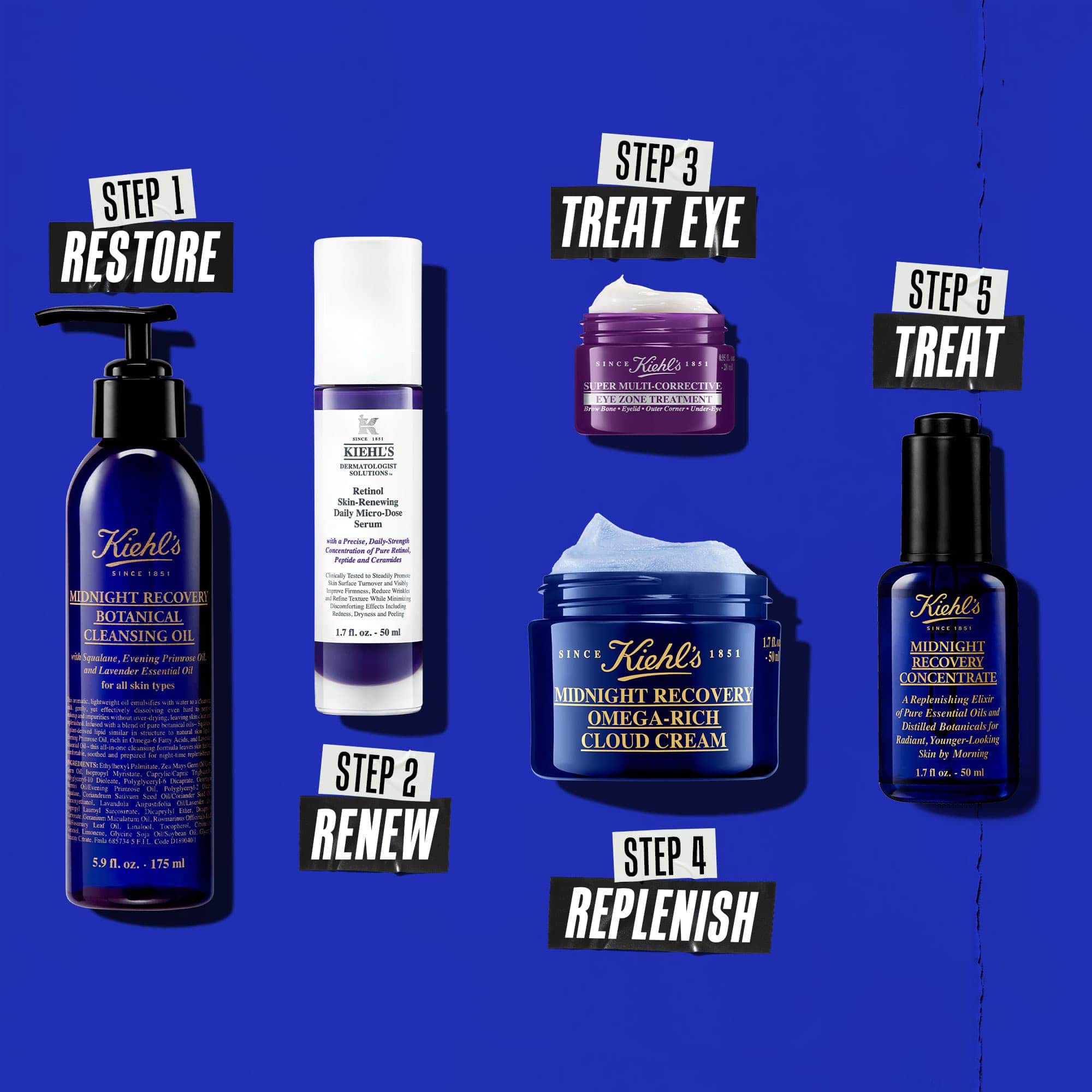 O rutină de noapte in cinci pași cu produse Kiehl's. De la stanga la dreapta: demachiant, ser cu retinol, cremă de ochi, cremă hidratantă și Midnight Recovery Concentrate.