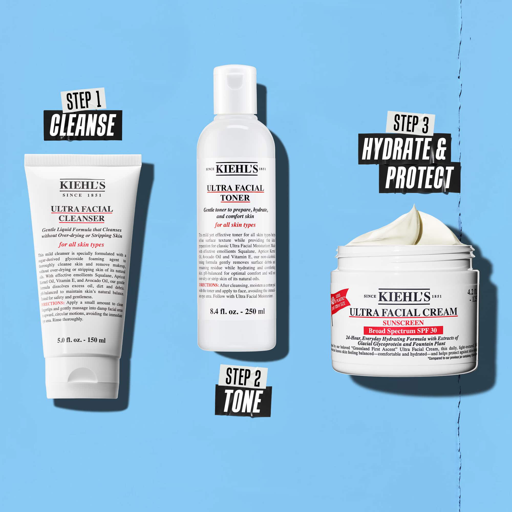 O rutină in trei pași cu produse Kiehl's. Pasul 1: Ultra Facial Cleanser. Pasul 2: Ultra Facial Toner. Pasul 3: Ultra Facial Cream SPF 30.