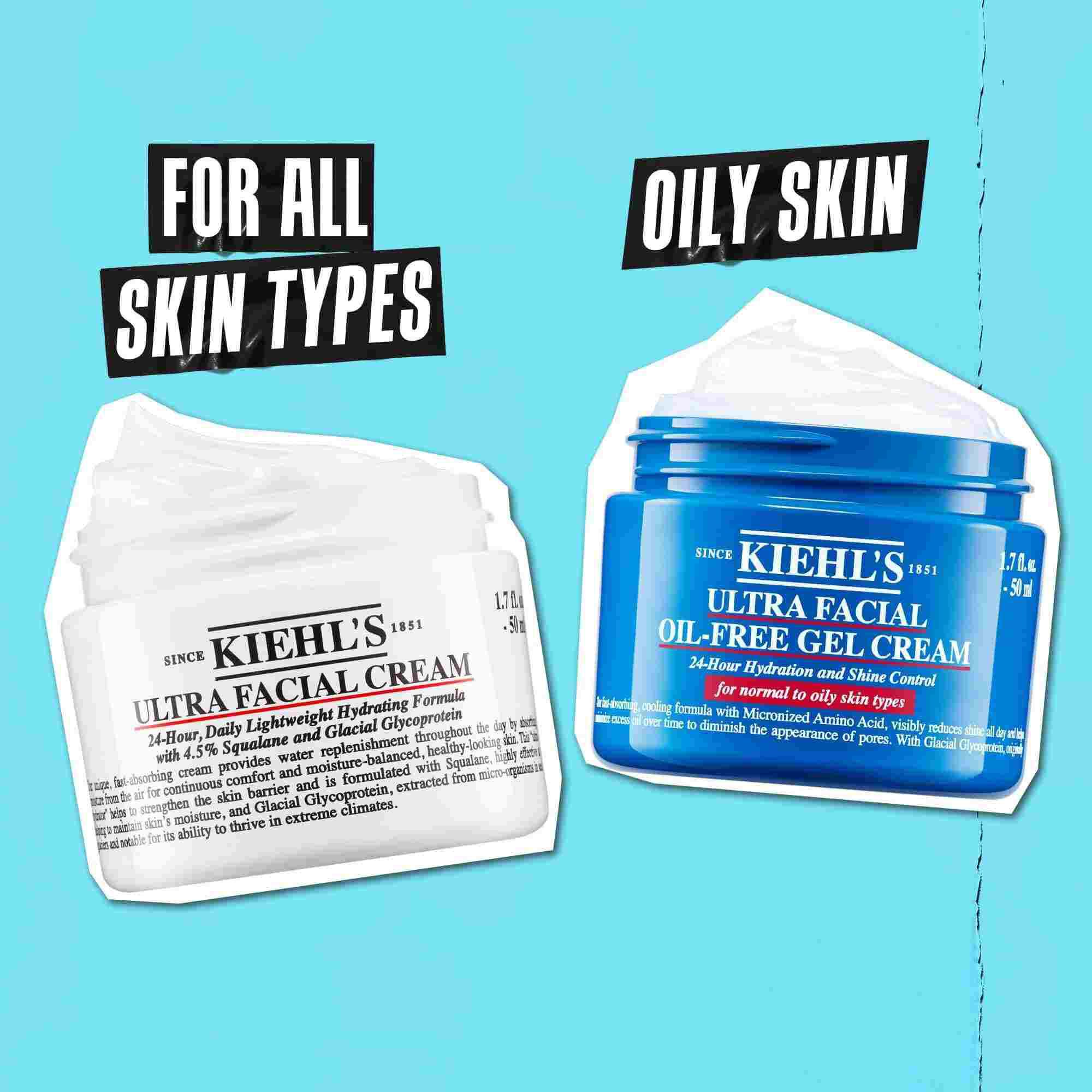 Două borcane Kiehl's afișate unul langă altul pe un fundal albastru. Ultra Facial Cream este etichetată „Pentru toate tipurile de ten”, iar Ultra Facial Oil-Free Gel Cream este etichetată „Ten gras”.