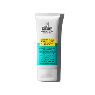 Un tub de 60 ml de Kiehl's Expertly Clear Blemish-Treating & Preventing Lotion pe un fundal alb.