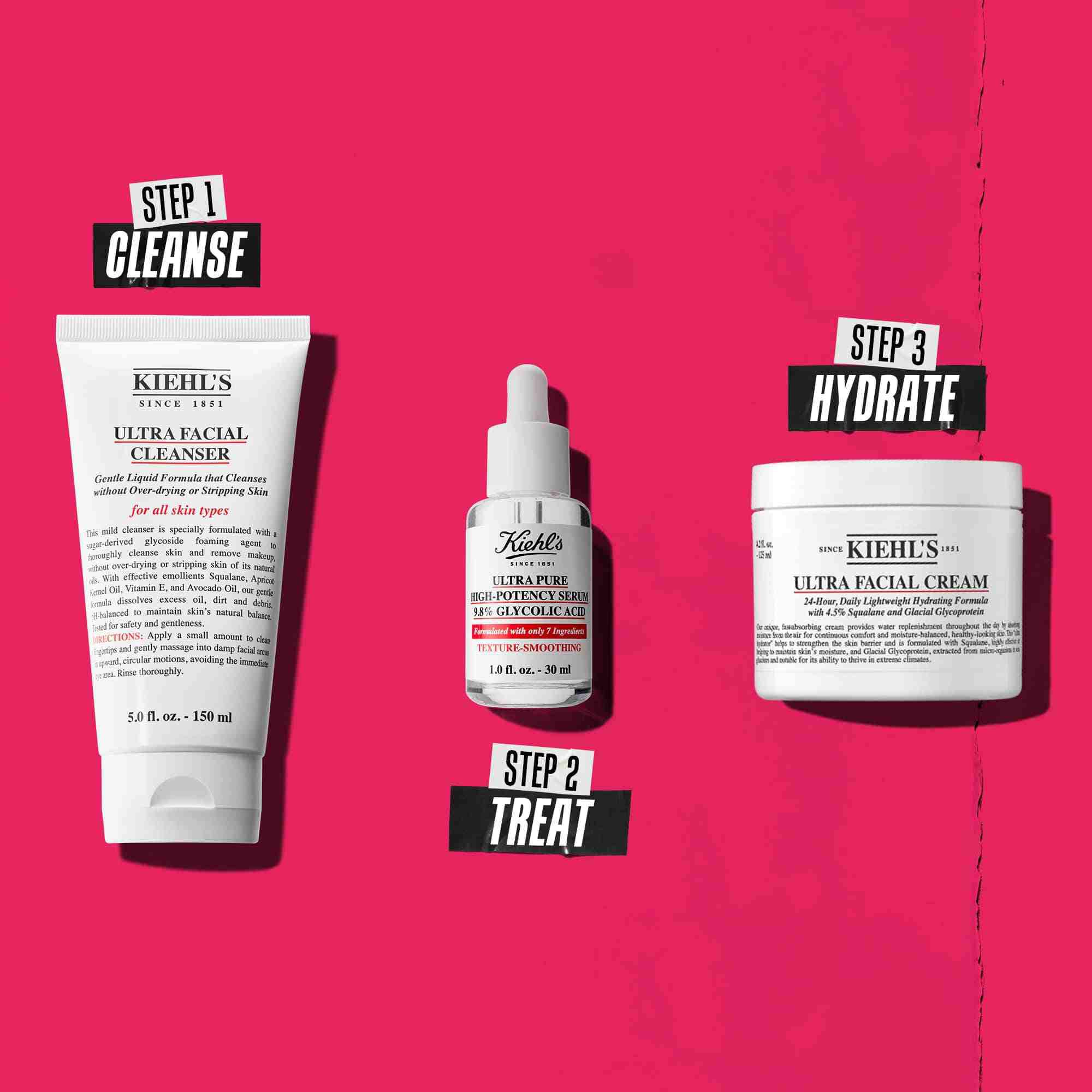 O rutină in trei pași cu produse Kiehl's. Pasul 1: Ultra Facial Cleanser. Pasul 2: Ser cu Acid Glicolic. Pasul 3: Ultra Facial Cream.