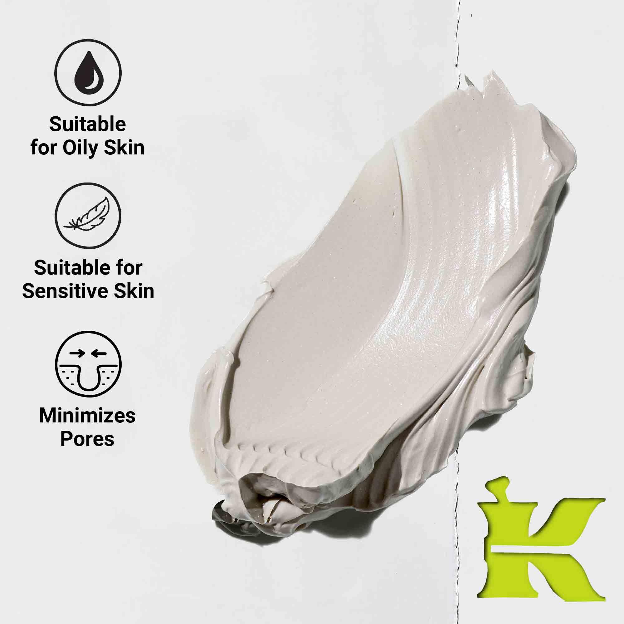 Fotografie cu textura și pictograme care indică faptul că reduce porii, conține ingrediente naturale și este pentru toate tipurile de ten