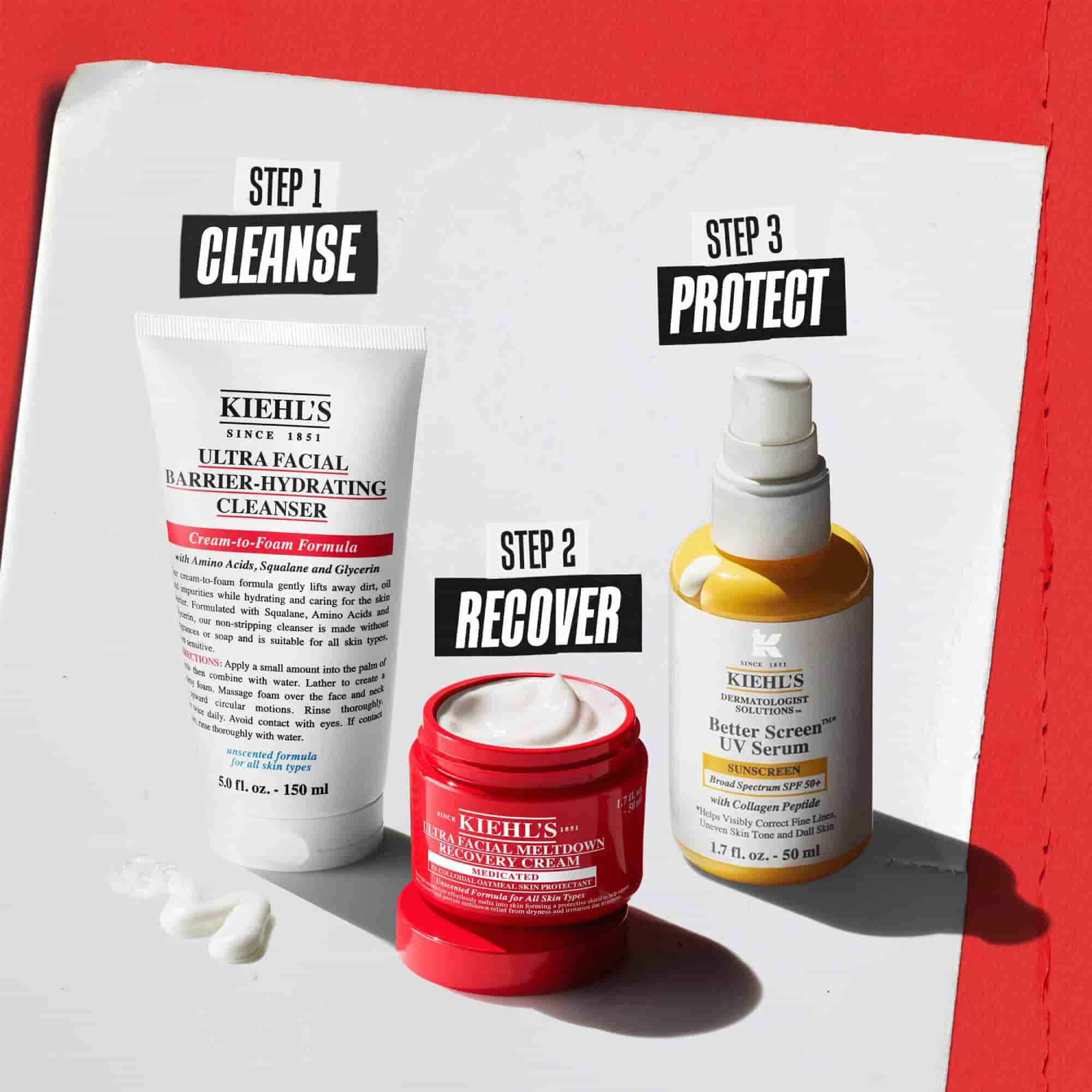 Trei produse Kiehl’s: Pasul 1 Curățare (Barrier-Hydrating Cleanser), Pasul 2 Reparare (Meltdown Recovery Cream) și Pasul 3 Protecție (Better Screen UV Serum).