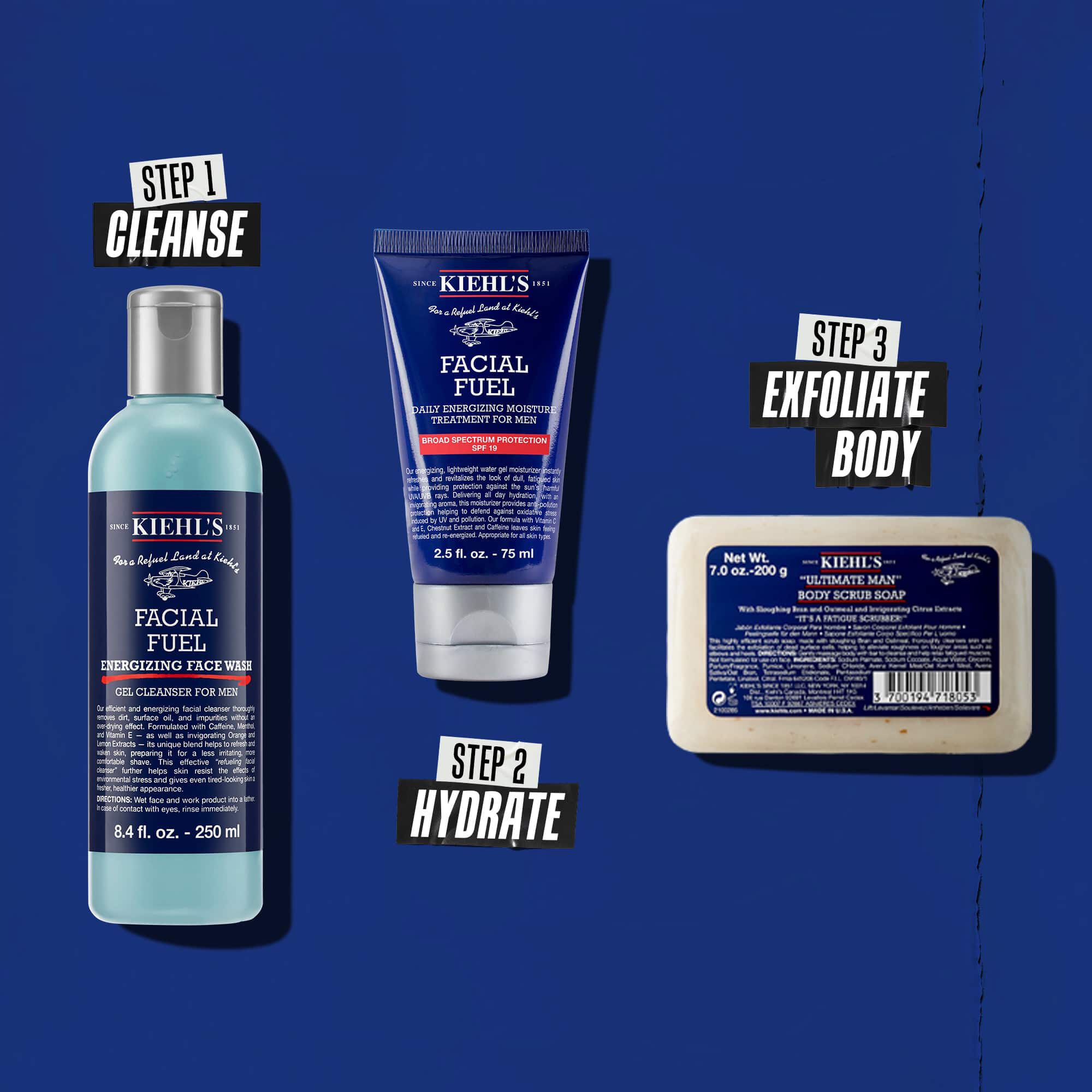 Trei produse Kiehl's reprezentand o rutină. De la stanga la dreapta: Facial Fuel Cleanser, Facial Fuel Moisturizer și Ultimate Man Body Scrub Soap.