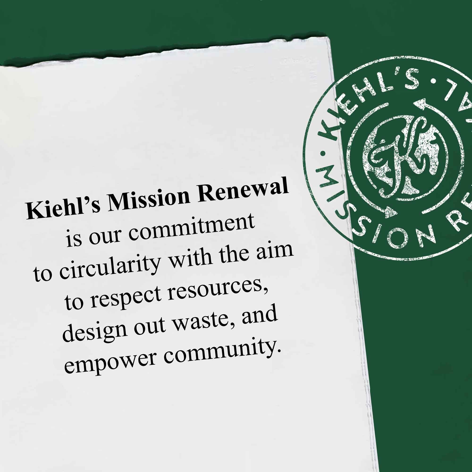 O grafică ce rezumă Kiehl's Mission Renewal cu text despre protejarea resurselor, eliminarea deșeurilor și imputernicirea comunităților.