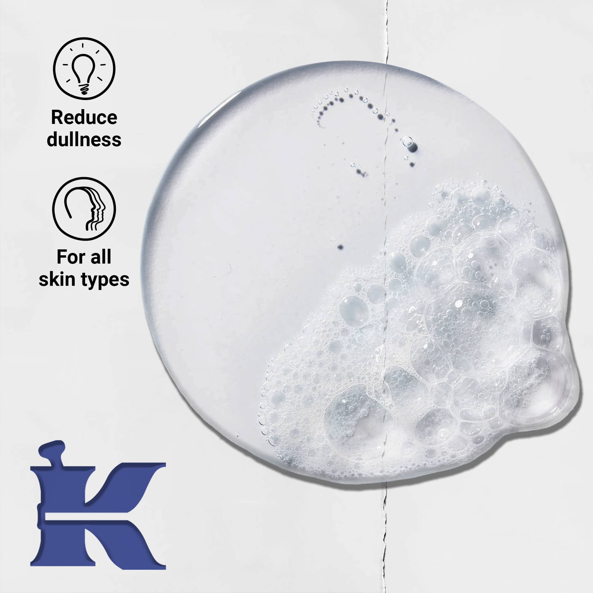 Fotografie cu textura Facial Fuel și pictograme care indică faptul că reduce aspectul tern și este pentru toate tipurile de ten