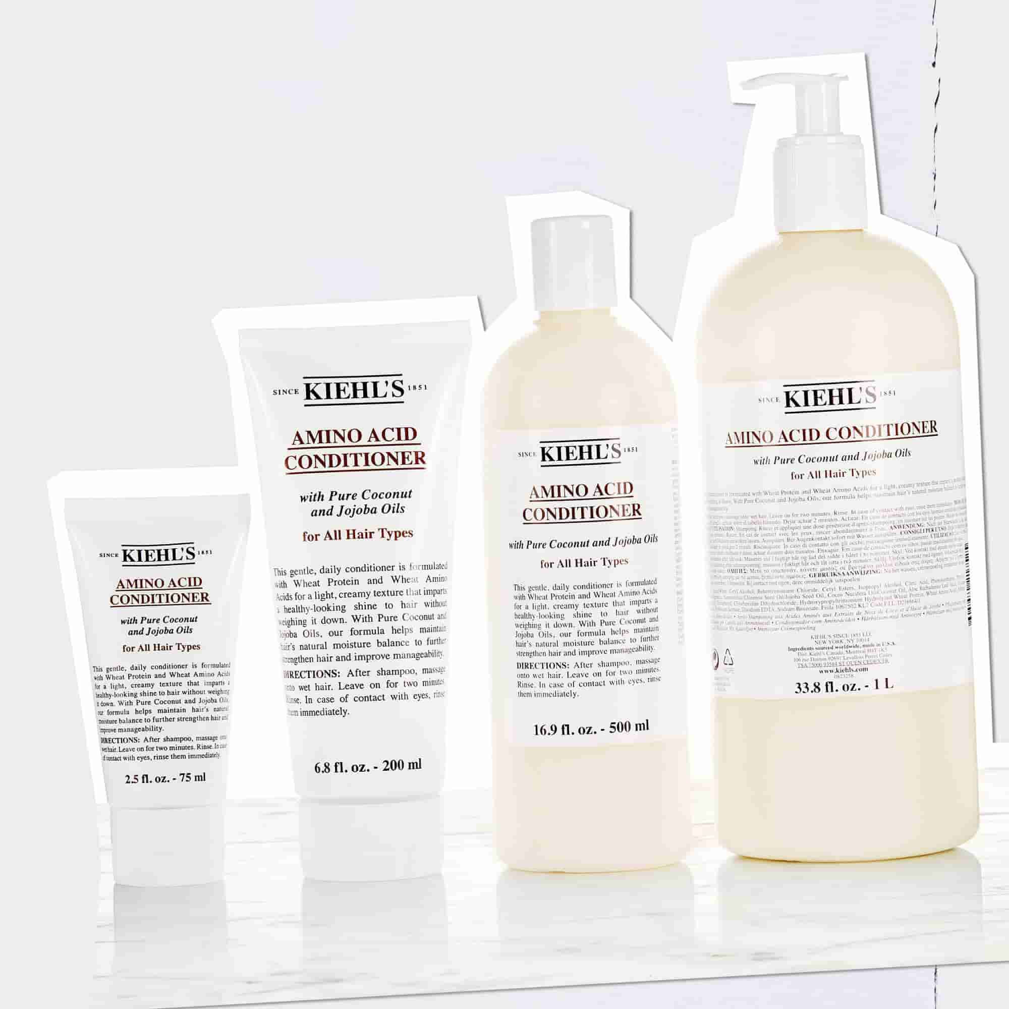 Sticlele Kiehl's Amino Acid Conditioner in dimensiuni de la 2,5 fl. oz. – 75 ml pană la 33,8 fl. oz. – 1 L