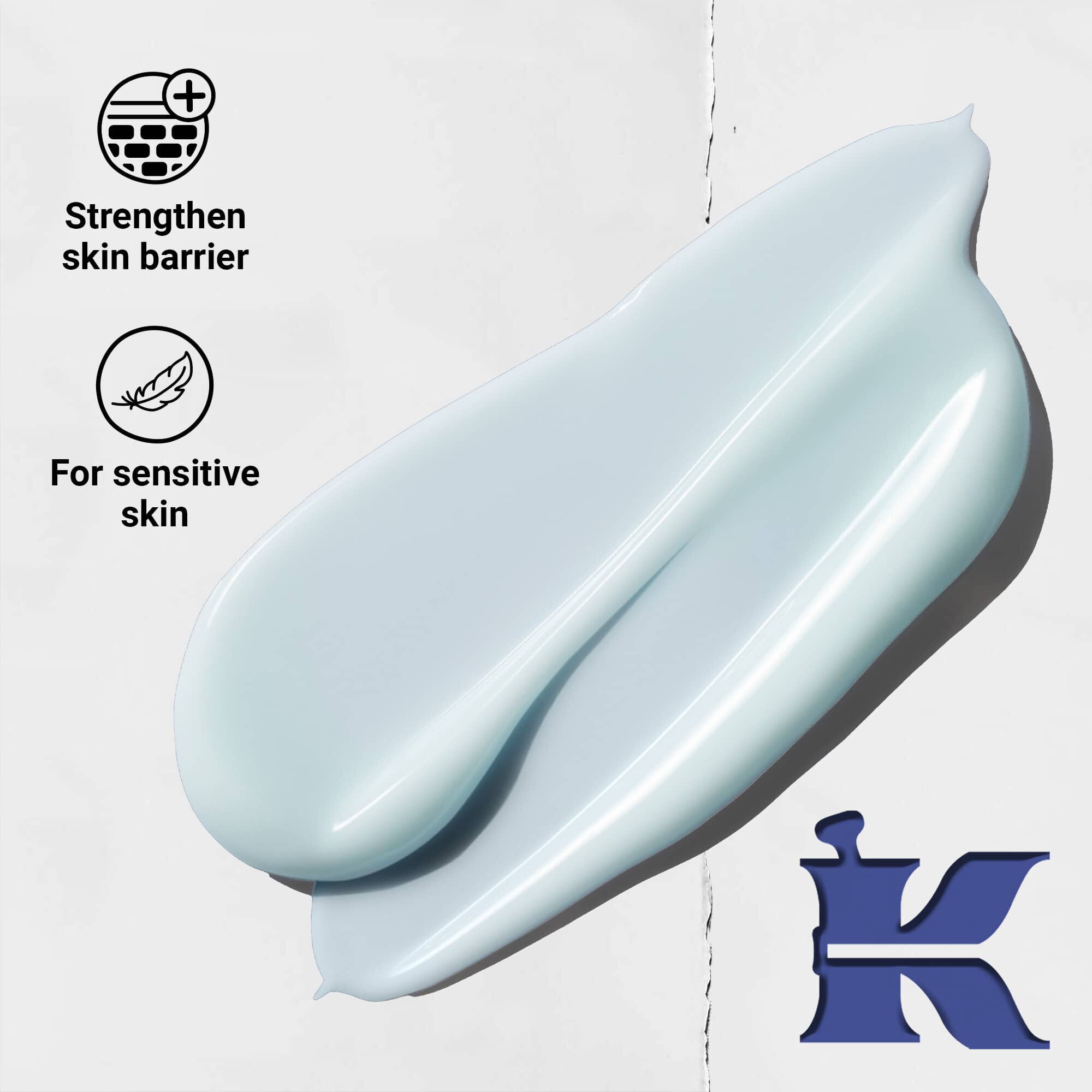 Fotografie cu textura Facial Fuel și pictograme care indică faptul că intărește bariera cutanată și este pentru pielea sensibilă