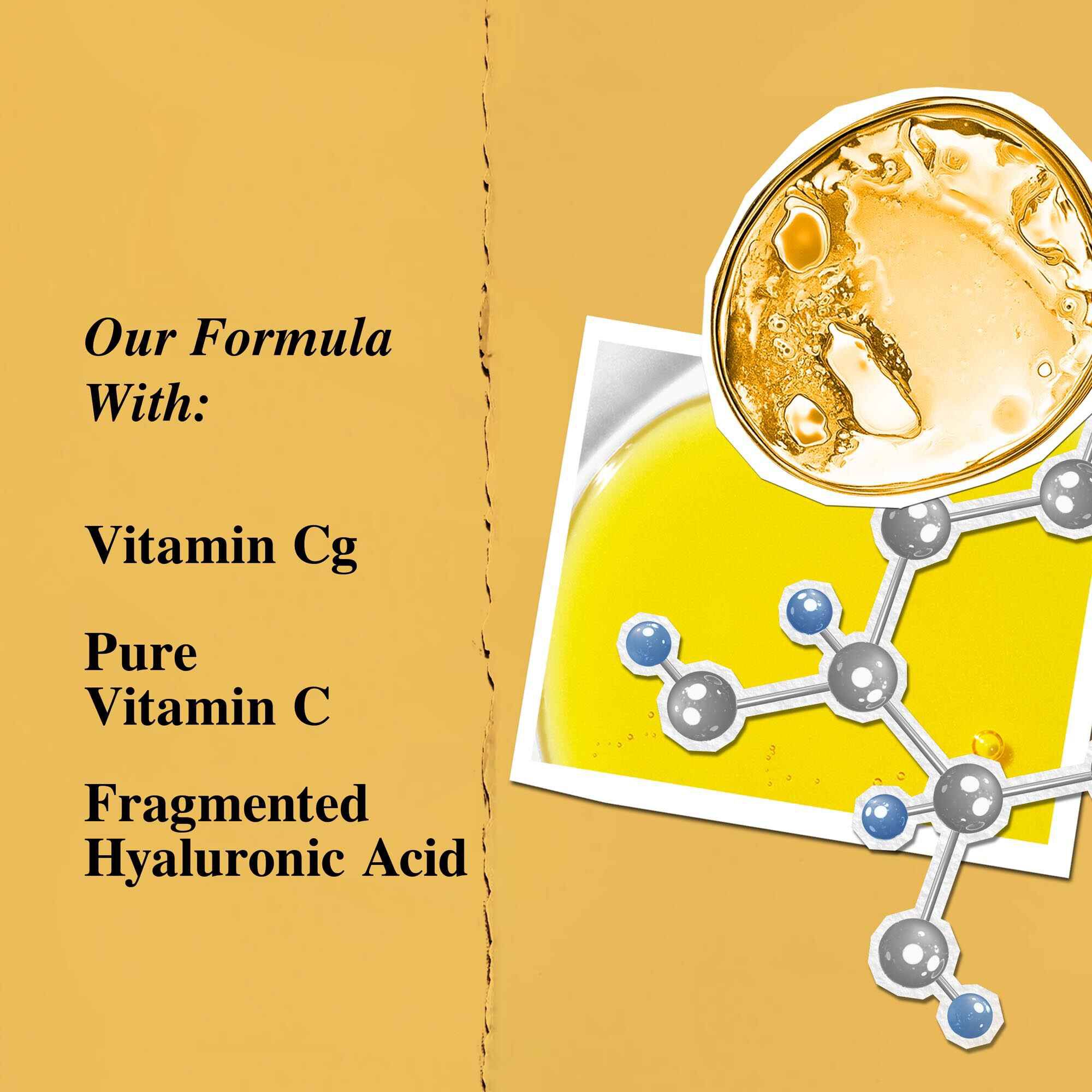Grafică a ingredientelor cheie: Vitamina Cg, acid hialuronic fragmentat.