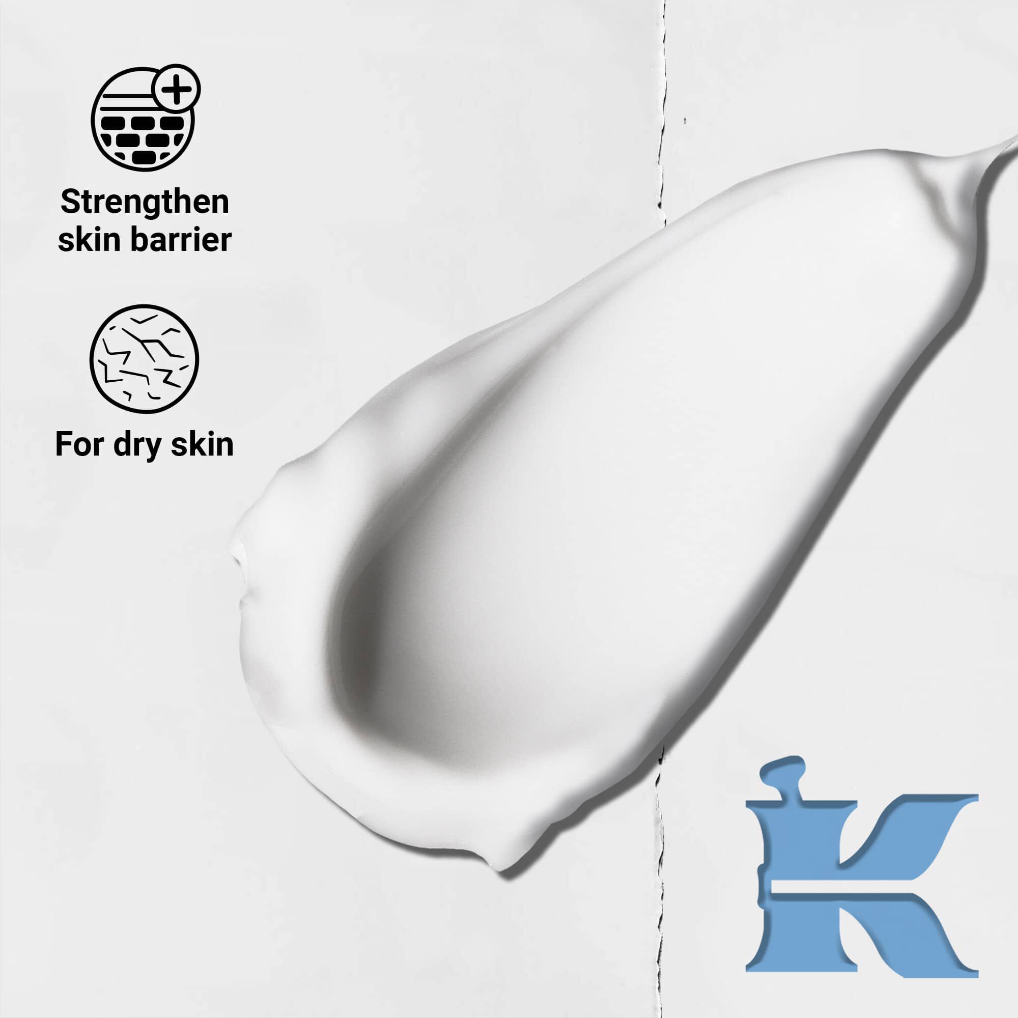 Fotografie cu textura și pictograme care indică faptul că intărește bariera cutanată și este pentru tenul uscat