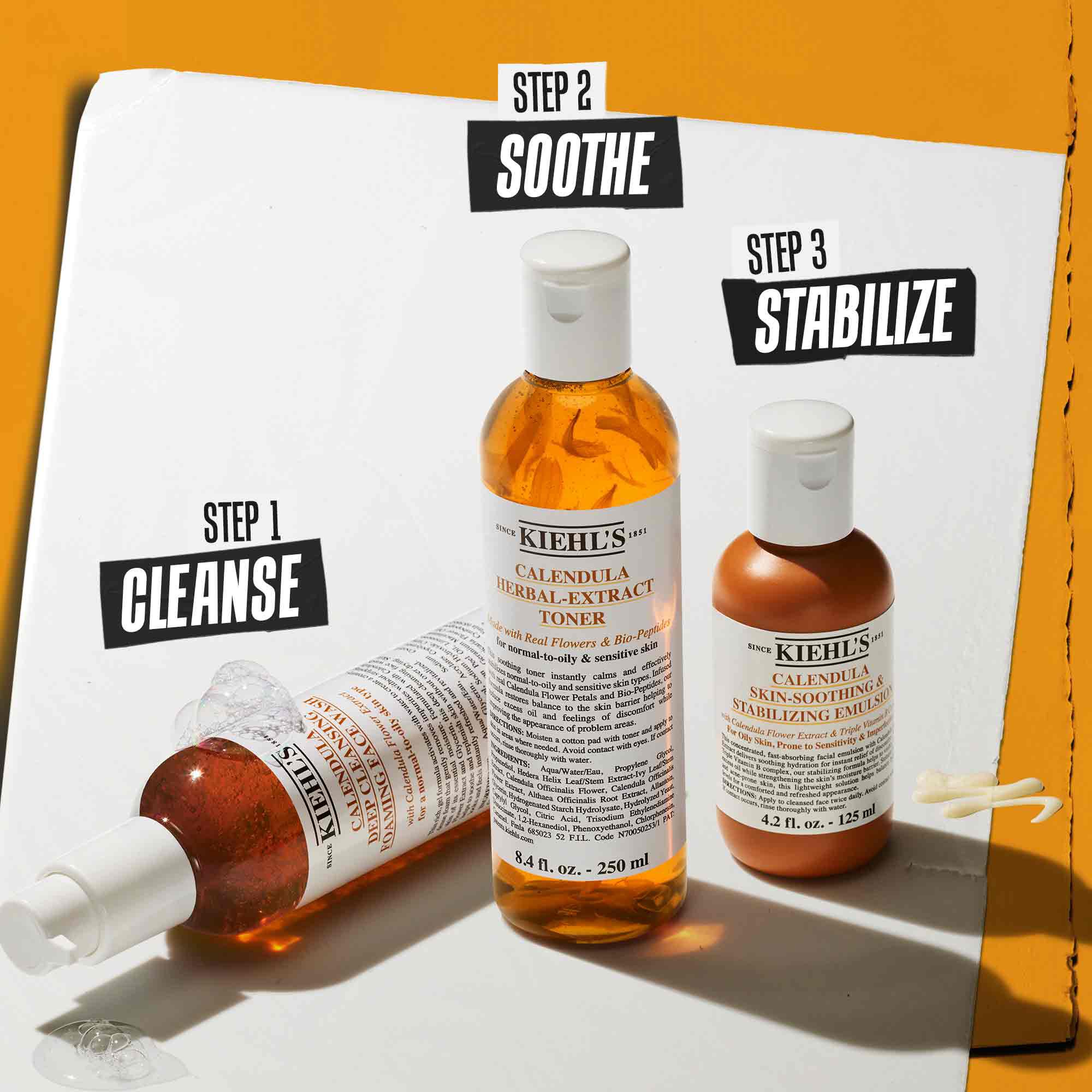 O rutină in trei pași cu produse Kiehl's. Pasul 1: Calendula Deep Cleansing Foaming Wash. Pasul 2: Calendula Herbal-Extract Toner. Pasul 3: Calendula Skin Soothing Stabilizing Emulsion.