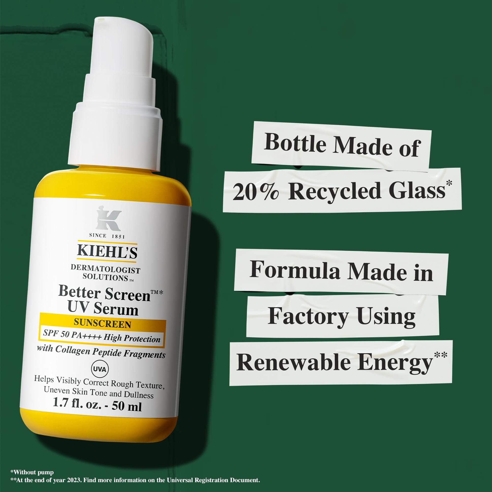 Kiehl's Better Screen UV Serum, SPF 50, intr-un recipient realizat din 20% sticlă reciclată, produsă sustenabil cu energie regenerabilă