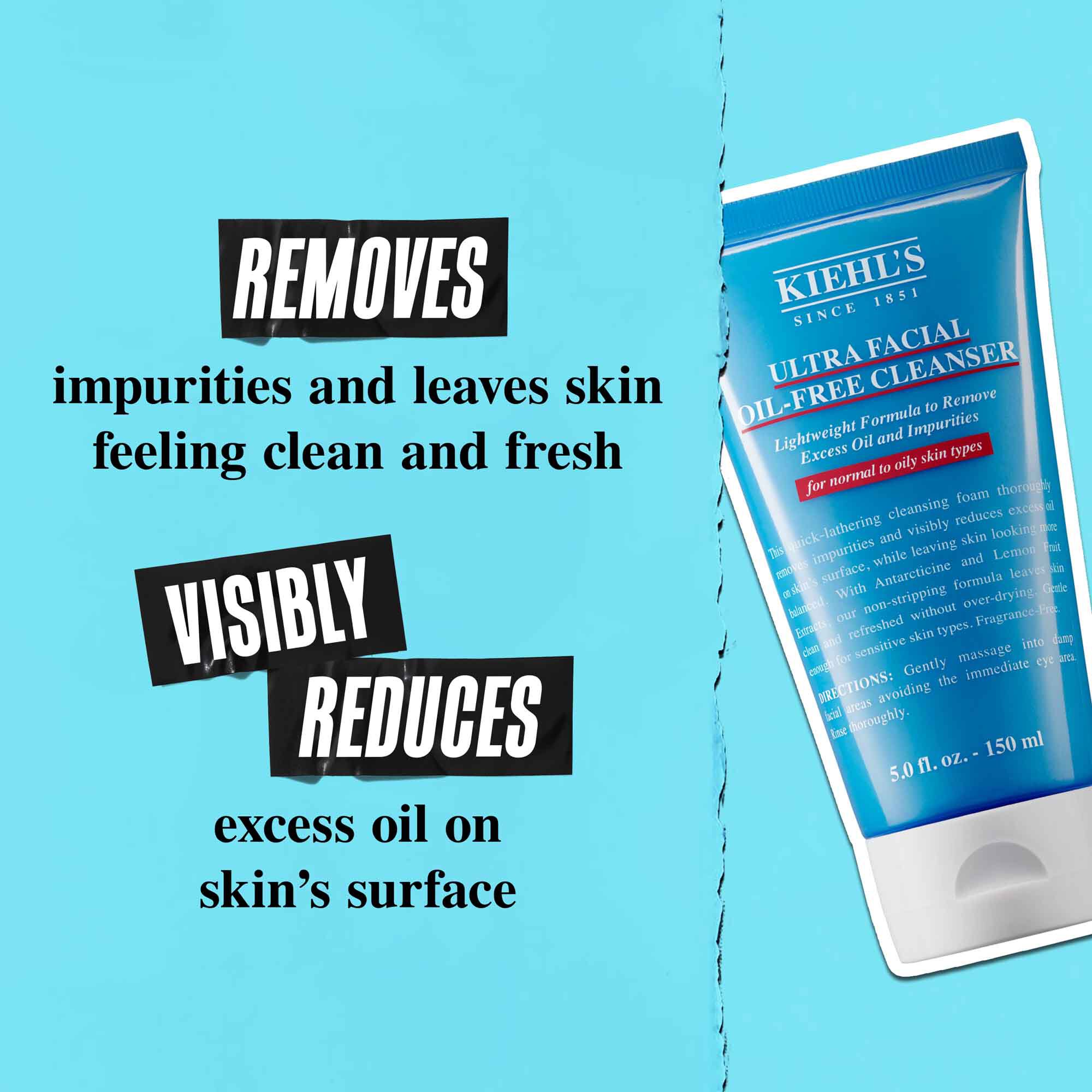 Un tub de Ultra Facial Oil-Free Cleanser pe un fundal albastru cu textul „Indepărtează uleiul și lasă pielea cu excesul de sebum vizibil redus la suprafață.”