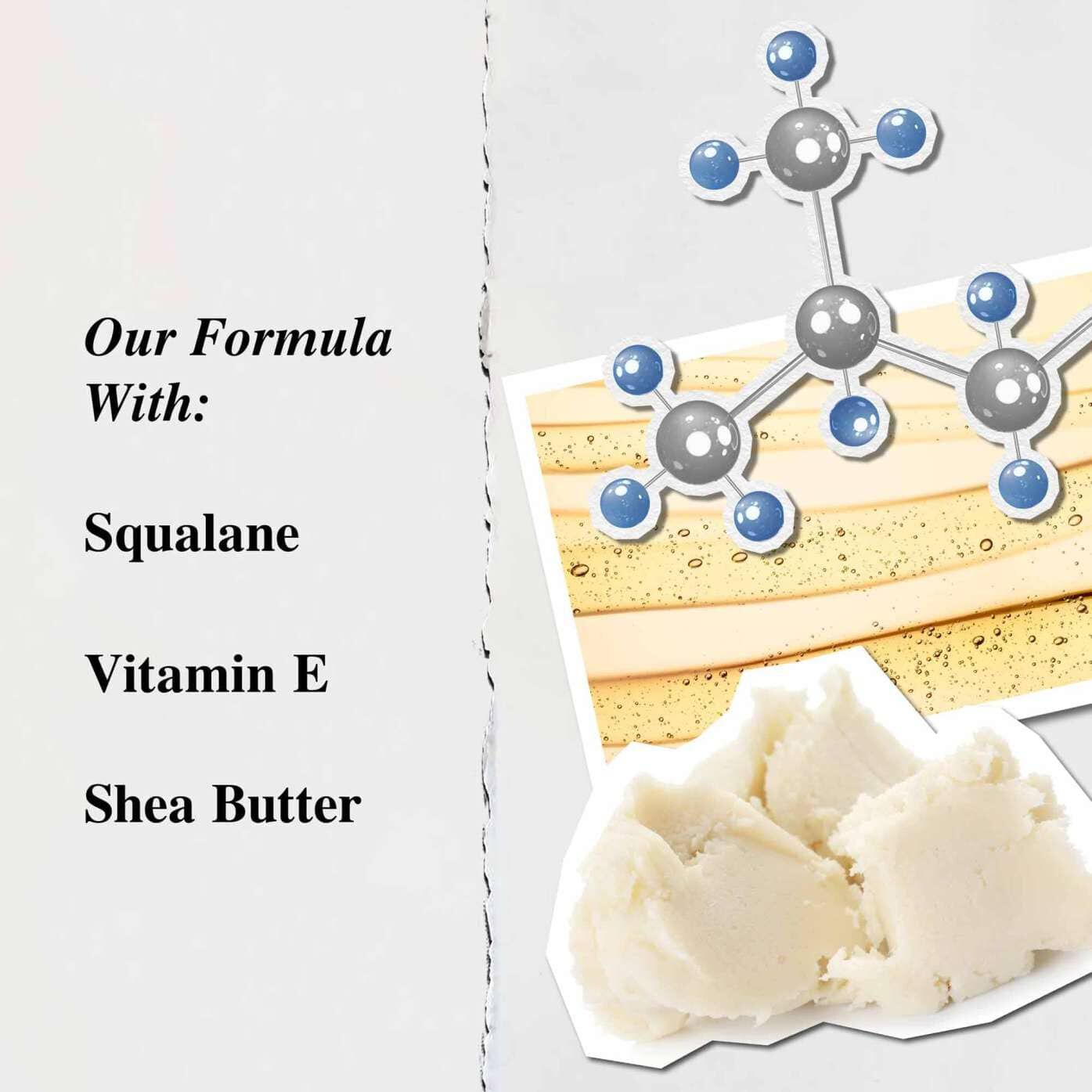 O grafică ce evidențiază ingredientele cheie ale Lip Balm #1: unt de shea, squalan și vitamina E.