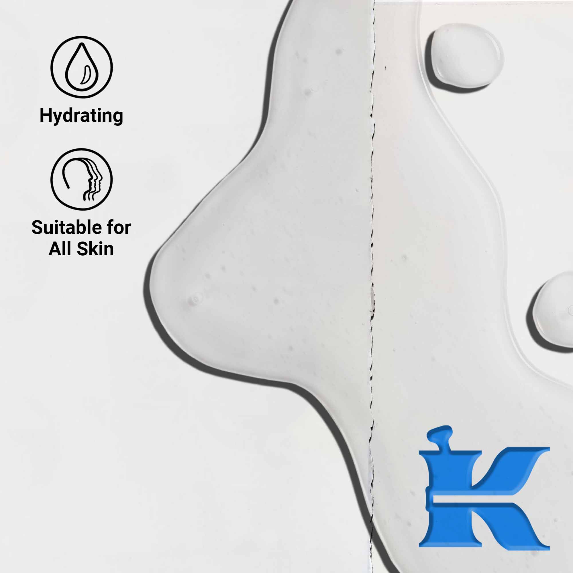 Gros-plan cu textura Ultra Pure 1.5% Hyaluronic Acid Serum arătand picături lichide clare. Textul evidențiază beneficiile hidratante și potrivirea pentru toate tipurile de ten.