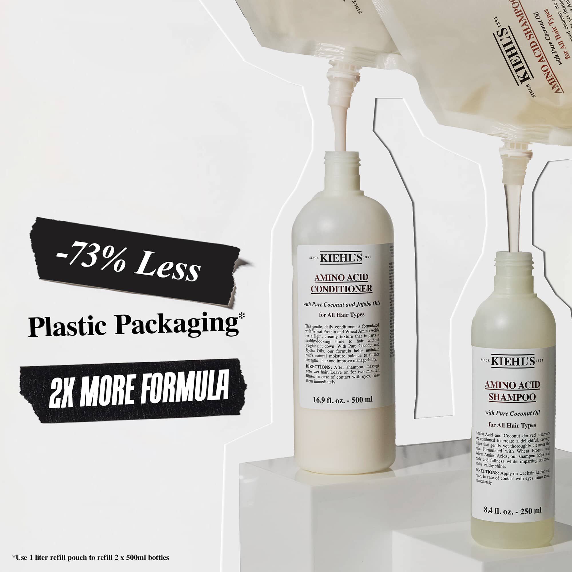 Cu 73% mai puține ambalaje din plastic și de două ori mai multă formulă cu plicul de reumplere Kiehl's Amino Acid Conditioner
