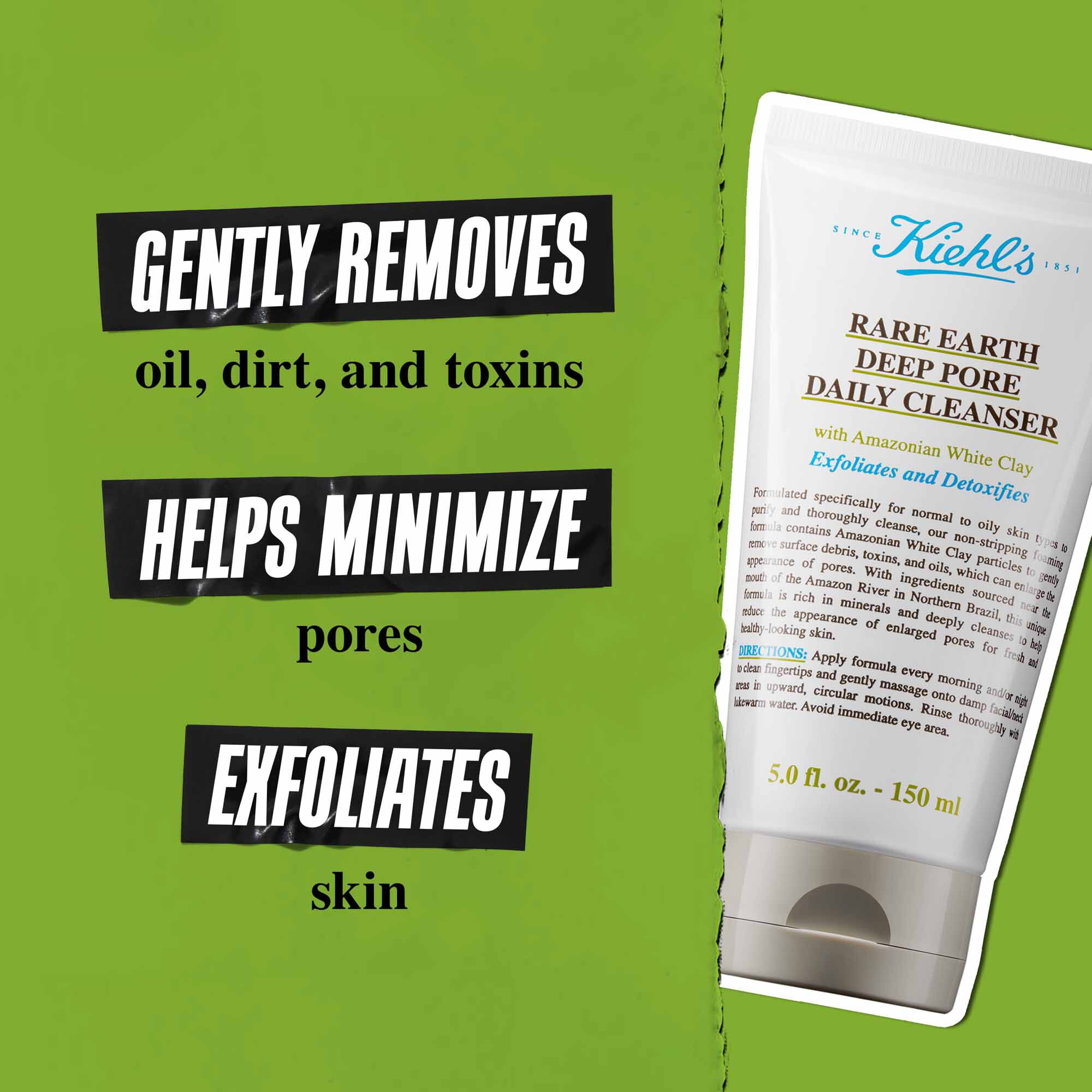 Un tub de Rare Earth Deep Pore Daily Cleanser pe un fundal verde cu textul „Indepărtează delicat murdăria, uleiul și toxinele. Menține porii minimizați. Exfoliază și curăță pielea in profunzime.”