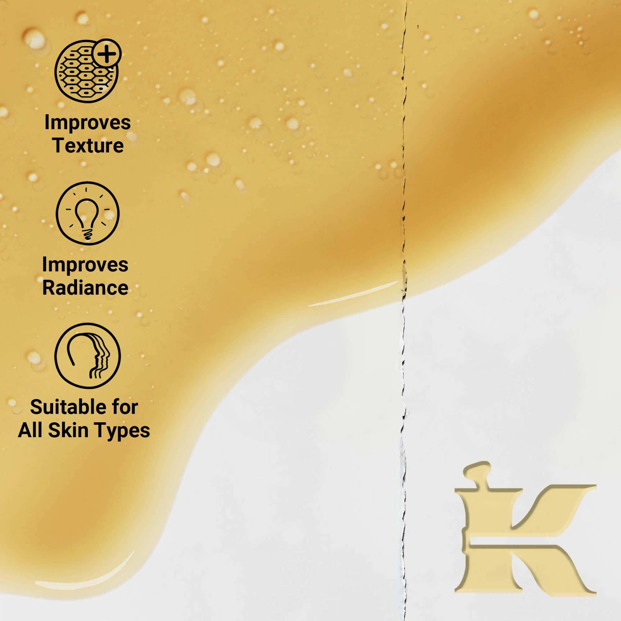 A graphic featuring a large, irregular blob of golden liquid covers half the image. On the left, there are three circular icons with text: "Improves Texture," "Improves Radiance," and "Suitable for All Skin Types."
