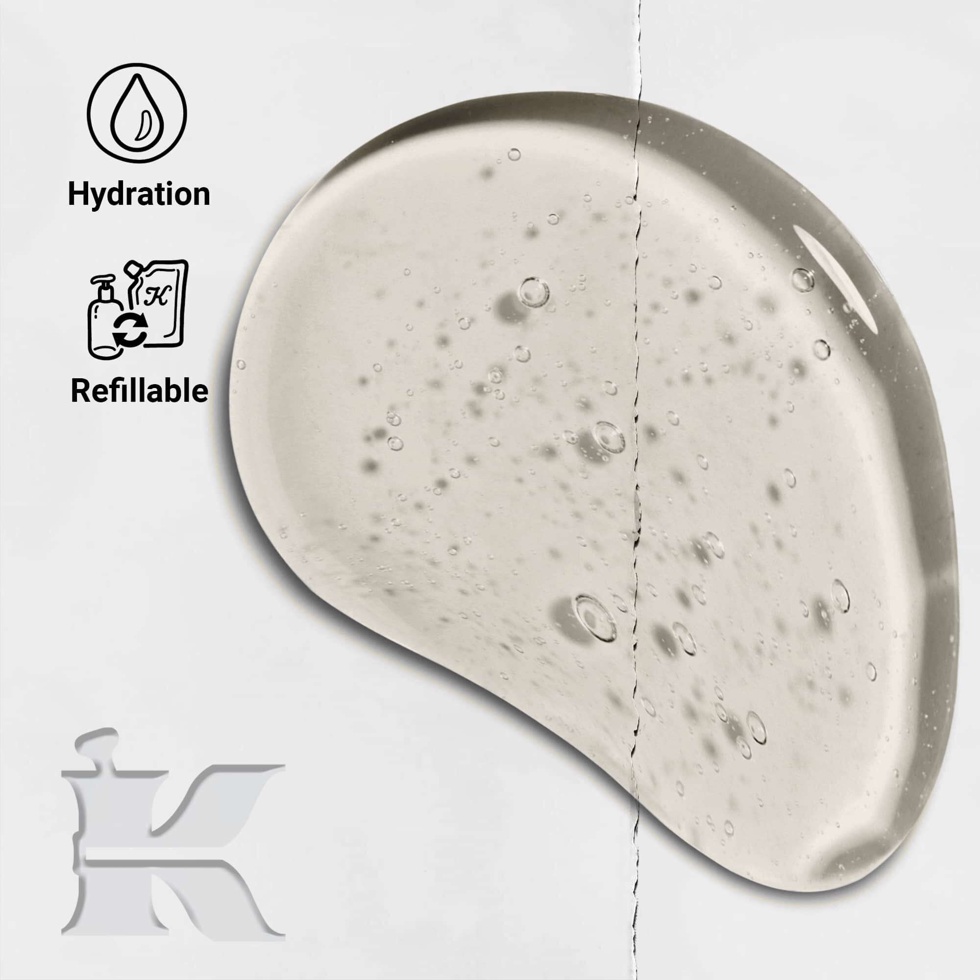 Fotografie cu textura șamponului Amino Acid cu pictograme care arată că este reincărcabil și oferă hidratare