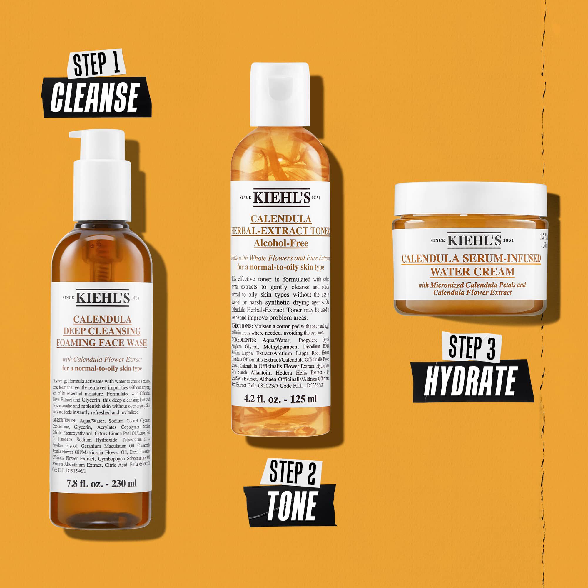Ilustrație a rutinei cu Kiehl's Calendula Foaming Face Wash - Curățare, Tonifiere, Hidratare