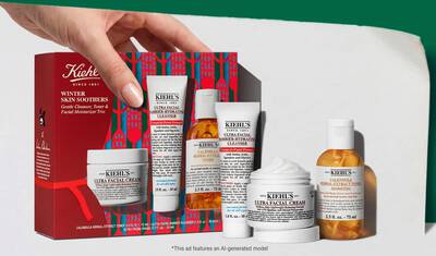 Un set cadou de sărbători Kiehl's "Winter Skin Soothers" care conținea Ultra Facial Cream, Ultra Facial Barrier-Hidratant Cleanser și Tonic Calendula Herbal-Extract, insoțite de un preț