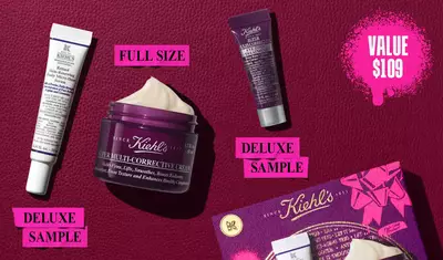 A graphic, set against a dark red textured background, features three Kiehl’s products and a gift box. A white and purple tube of "Kiehl's Retinol Skin-Renewing Daily Micro-Dose Serum" is labeled "DELUXE SAMPLE" in bright pink. A purple jar of "Kiehl's Super Multi-Corrective Cream" with visible cream is labeled "FULL SIZE" in bright pink. A small purple tube of "Kiehl's Super Multi-Corrective Eye Zone Treatment" is labeled "DELUXE SAMPLE" in bright pink. In the lower right, a purple Kiehl’s gift box showcasing the same three products is visible, decorated with bright pink graphic paint