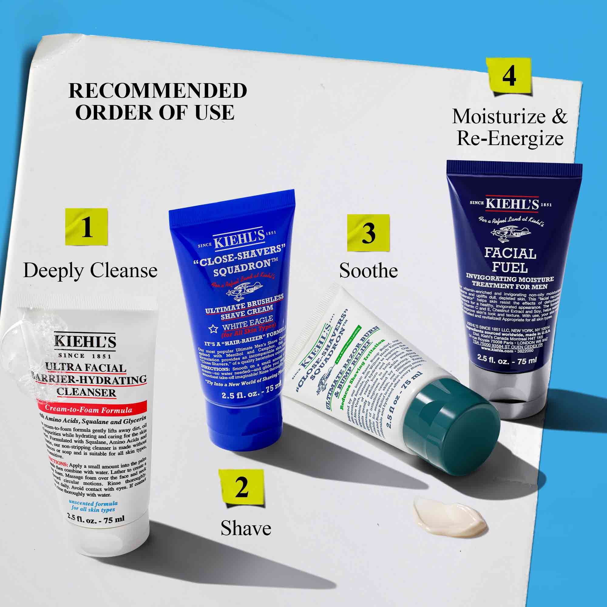 Kiehl's recommended men's routine: Ultra Facial Cleanser, Close-Shavers Squadron shave cream, a soothing product, and Facial Fuel moisturizer to deeply cleanse, shave, soothe, and re-energize.
