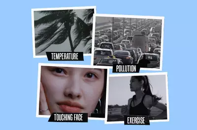 A collage featuring four images on a blue background: a close-up of palm trees swaying in the wind labeled "Temperature," a congested highway labeled "Pollution," a person touching their face labeled "Touching Face," and a woman running labeled "Exercise."