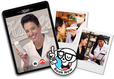 A collage featuring a smiling woman in a white lab coat holding a skincare product, along with images of consultations and product applications at Kiehl's, with a "Book Now" graphic.